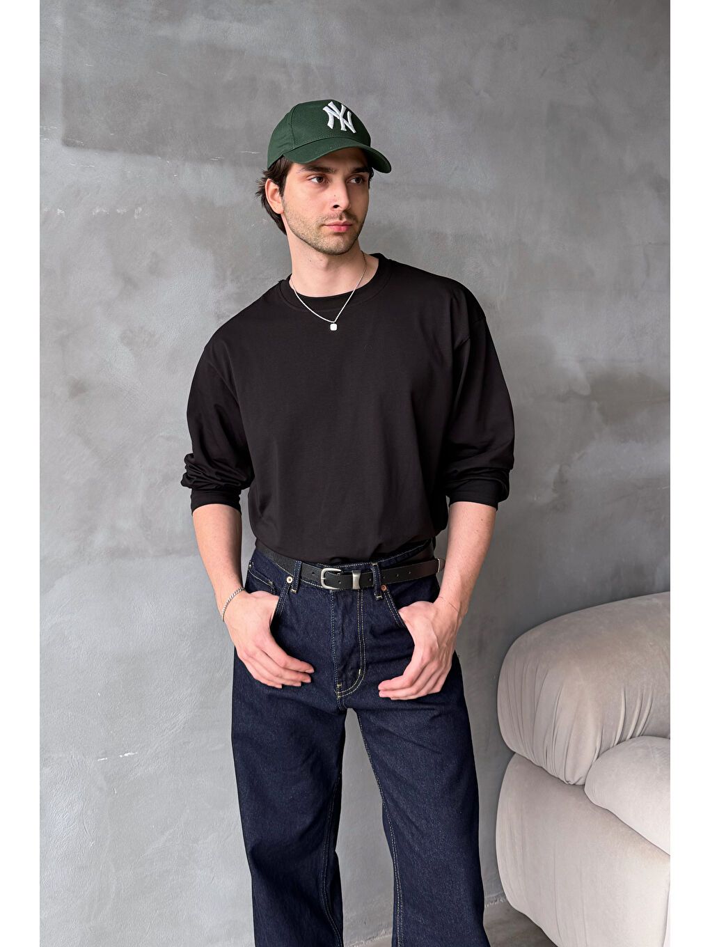 Siyah Erkek Oversize Uzun Kollu Basic T-shirt-6