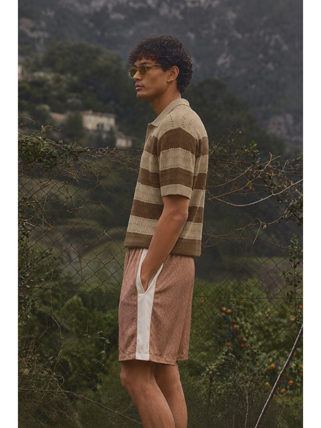 Bej Erkek Oversize Kalın Örgü Polo Yaka Triko Fileli Tişört Çizgili Vintage Yazlık Rahat Fit-1