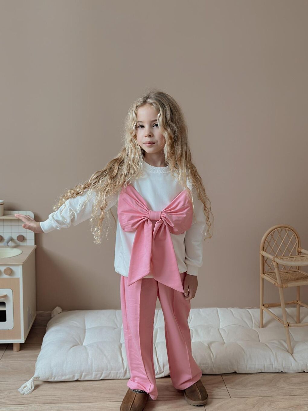 Pembe Kız Çocuk Fiyonk Detay Pamuklu Alt Üst Takım Pudra-1