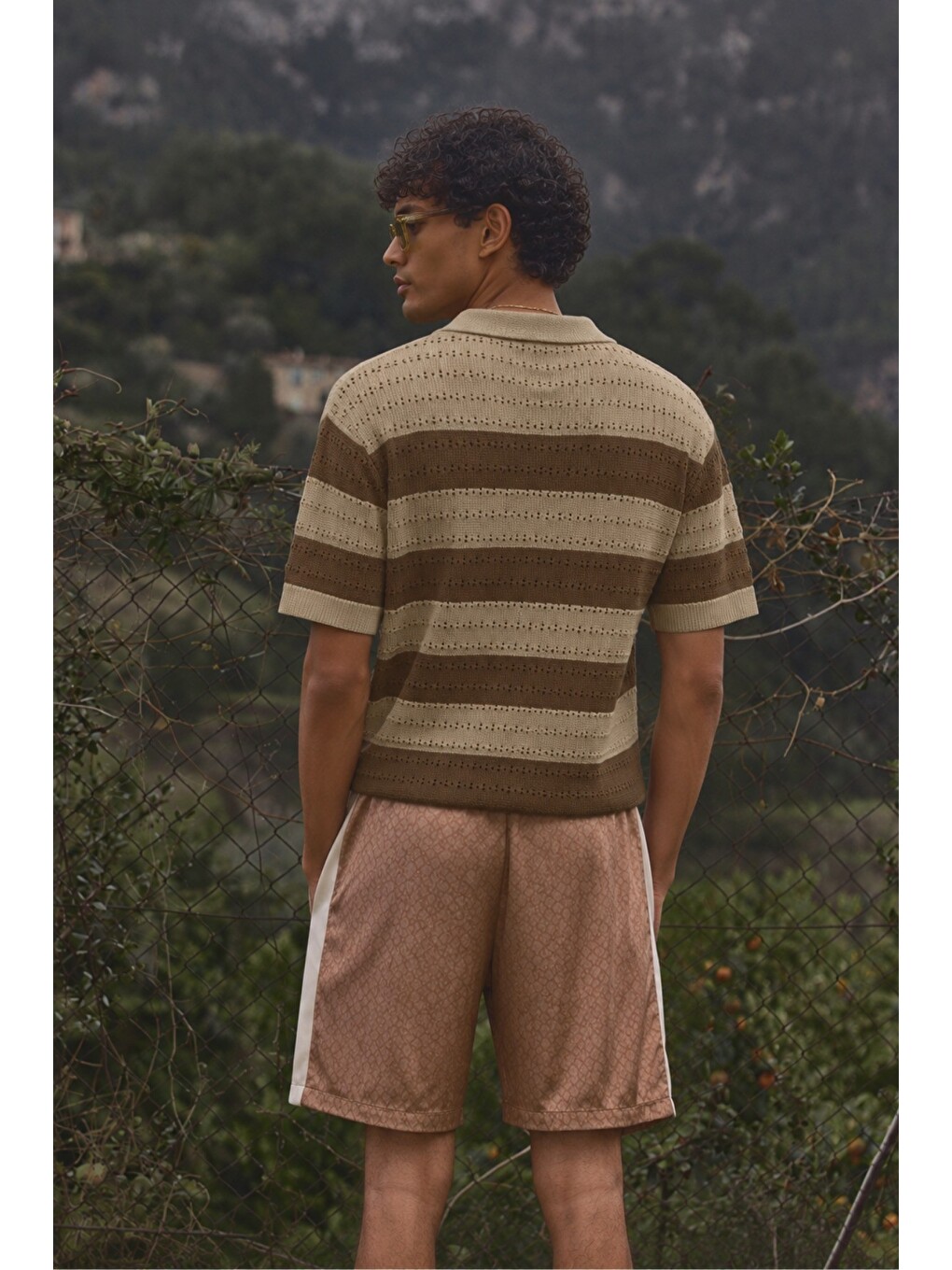 Bej Erkek Oversize Kalın Örgü Polo Yaka Triko Fileli Tişört Çizgili Vintage Yazlık Rahat Fit-2