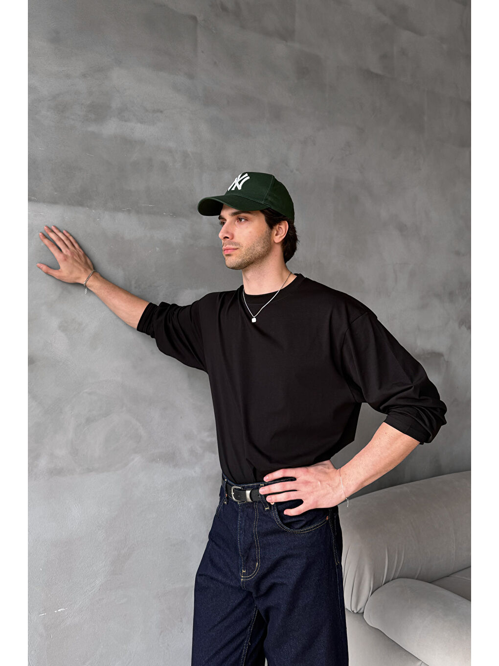 Siyah Erkek Oversize Uzun Kollu Basic T-shirt-7