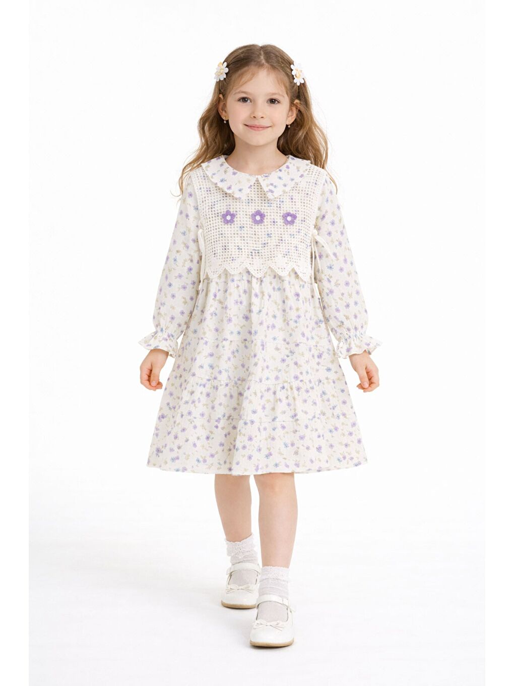 Lila Çiçek Desenli Nakışlı Süveterli Kız Çocuk Müslin Elbise 23579
