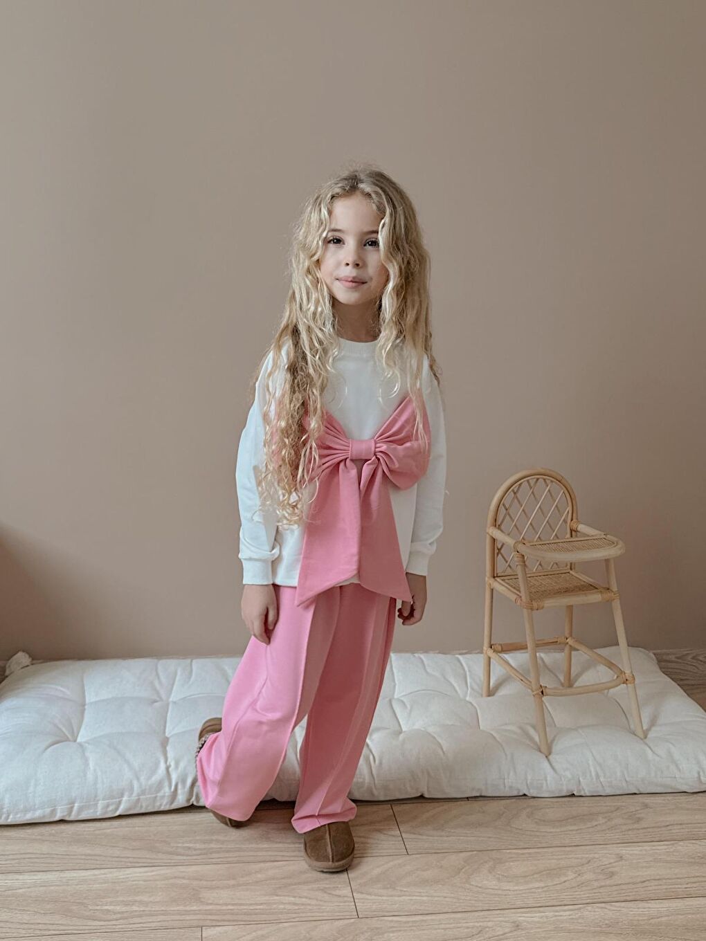 Pembe Kız Çocuk Fiyonk Detay Pamuklu Alt Üst Takım Pudra-2