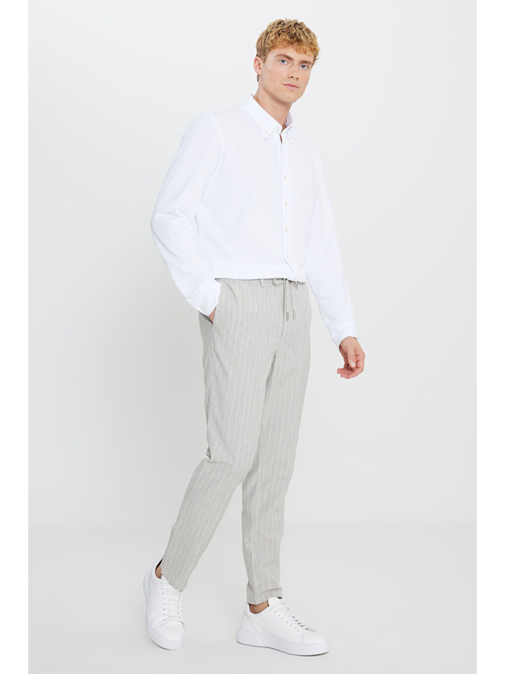 Erkek Gri Keten Slim Fit Dar Kesim Beli Bağlamalı Çizgili Casual Pantolon-2