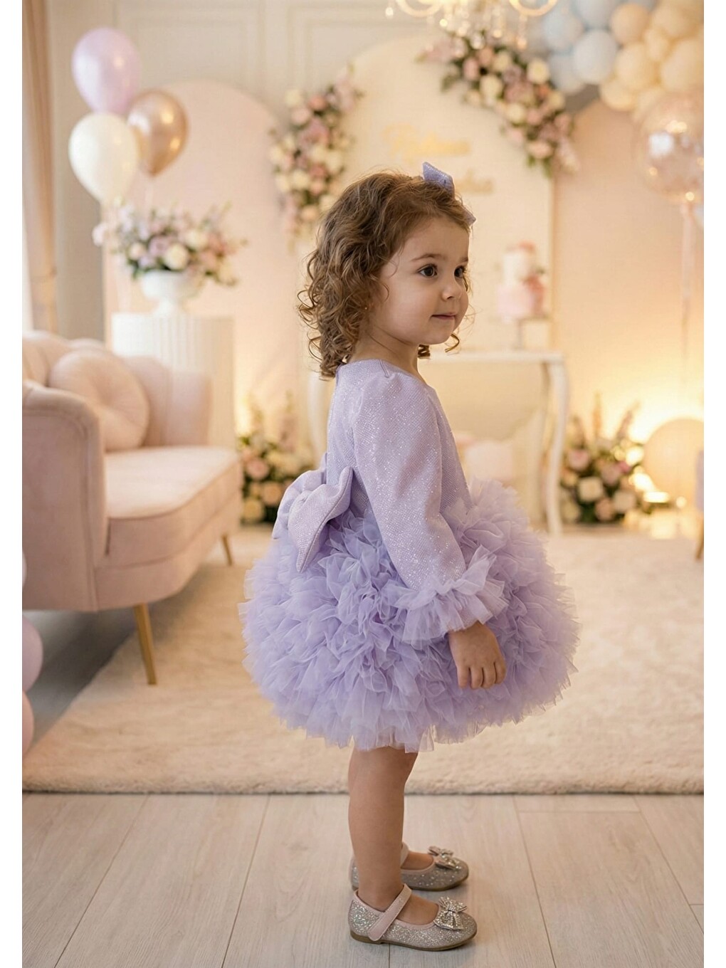 Lila Tütülü Kabarık Uzun Kollu Kız Çocuk Kız Bebek Elbise-2