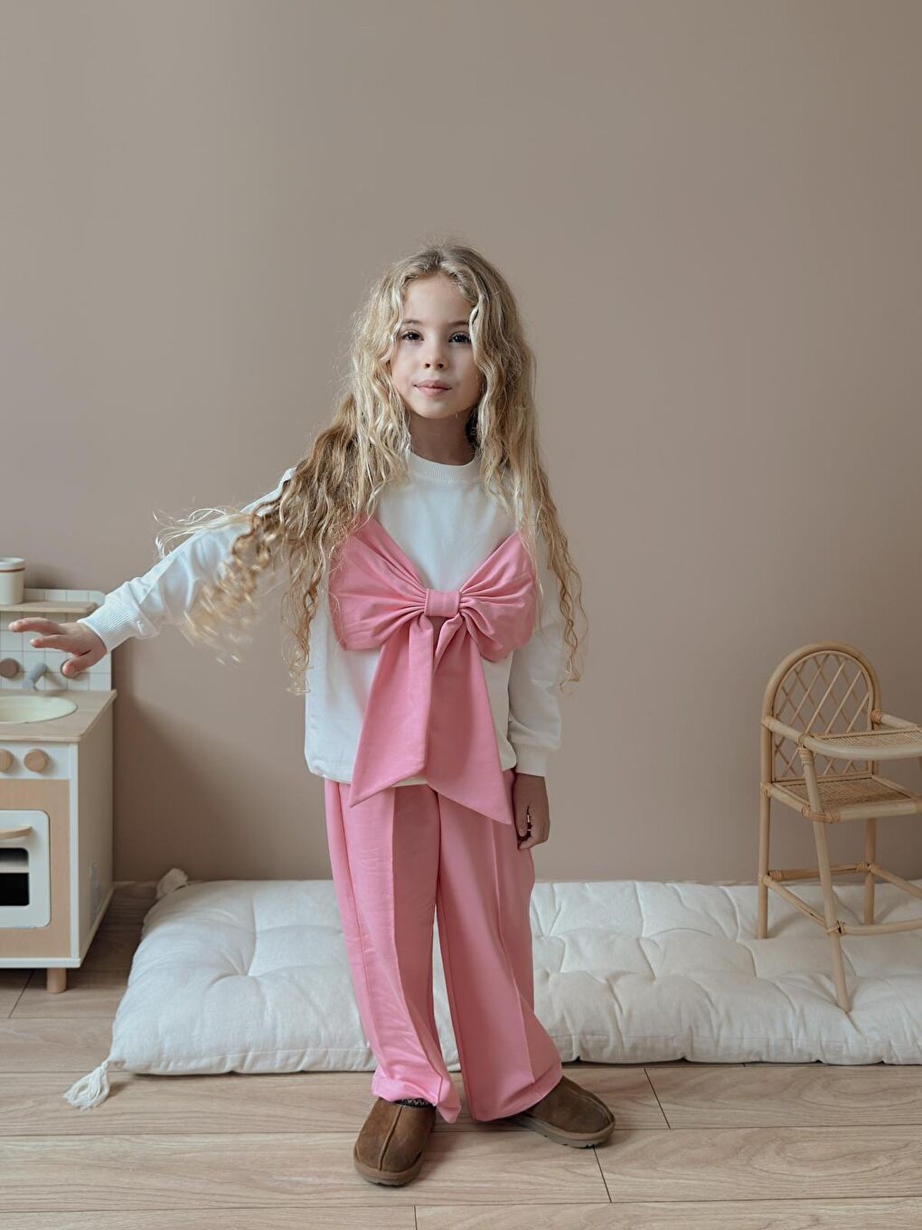 Pembe Kız Çocuk Fiyonk Detay Pamuklu Alt Üst Takım Pudra-3