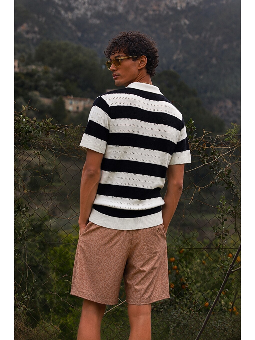 Beyaz Erkek Oversize Kalın Örgü Polo Yaka Triko Fileli Tişört Çizgili Vintage Yazlık Rahat Fit-1