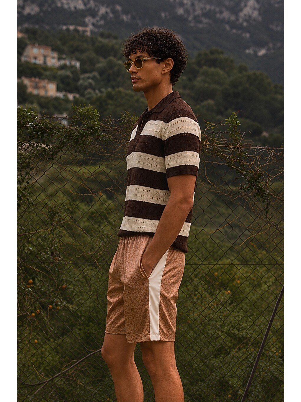 Kahverengi Erkek Oversize Kalın Örgü Polo Yaka Triko Fileli Tişört Çizgili Vintage Yazlık Rahat Fit-1
