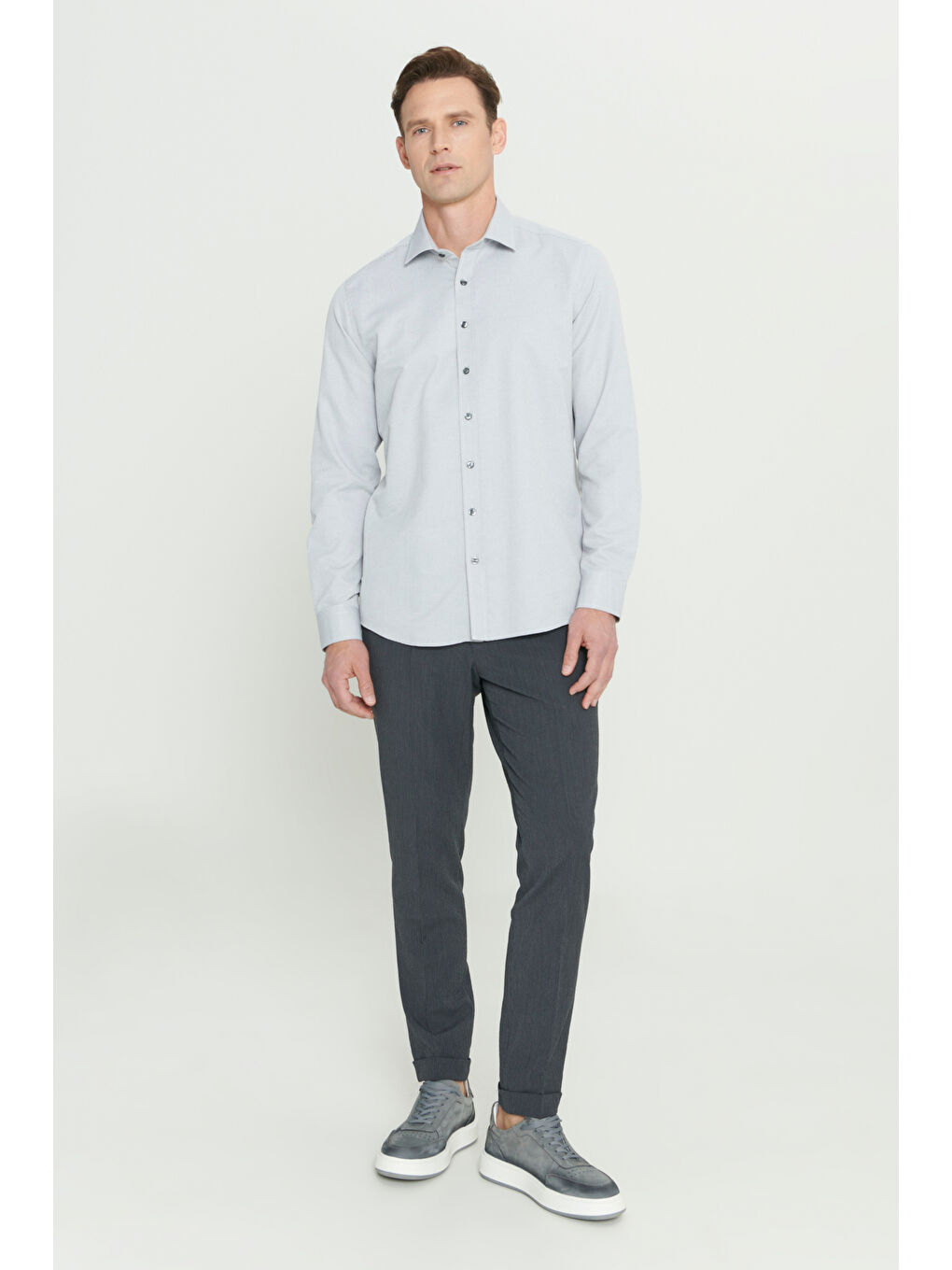 Erkek Gri Kolay Ütülenebilir Slim Fit Dar Kesim Düğme Yaka Gofre Desenli Gömlek-1