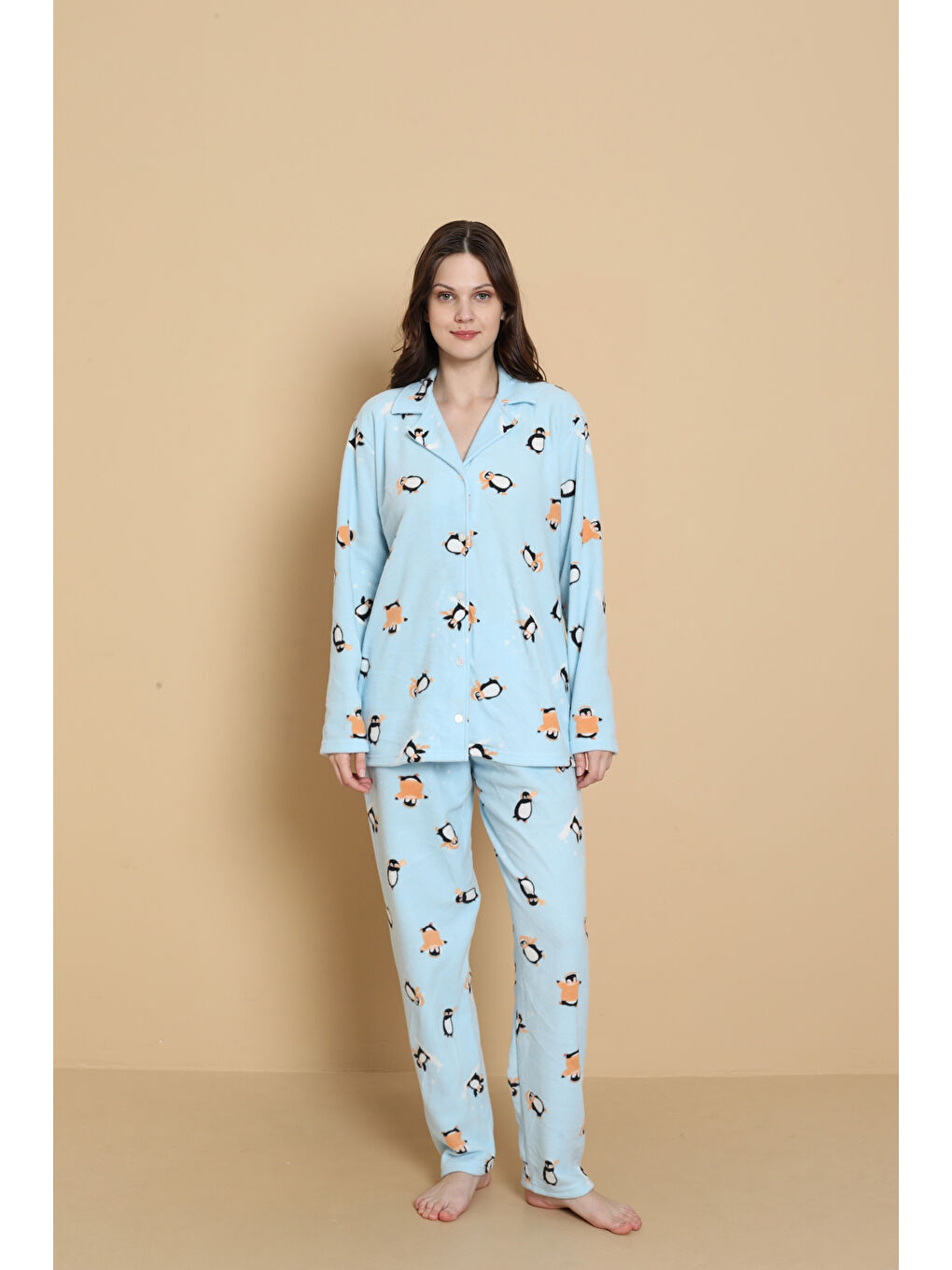 Mavi Önden Düğmeli Desenli Kışlık Polar Kadın Pijama Takımı 1620-1