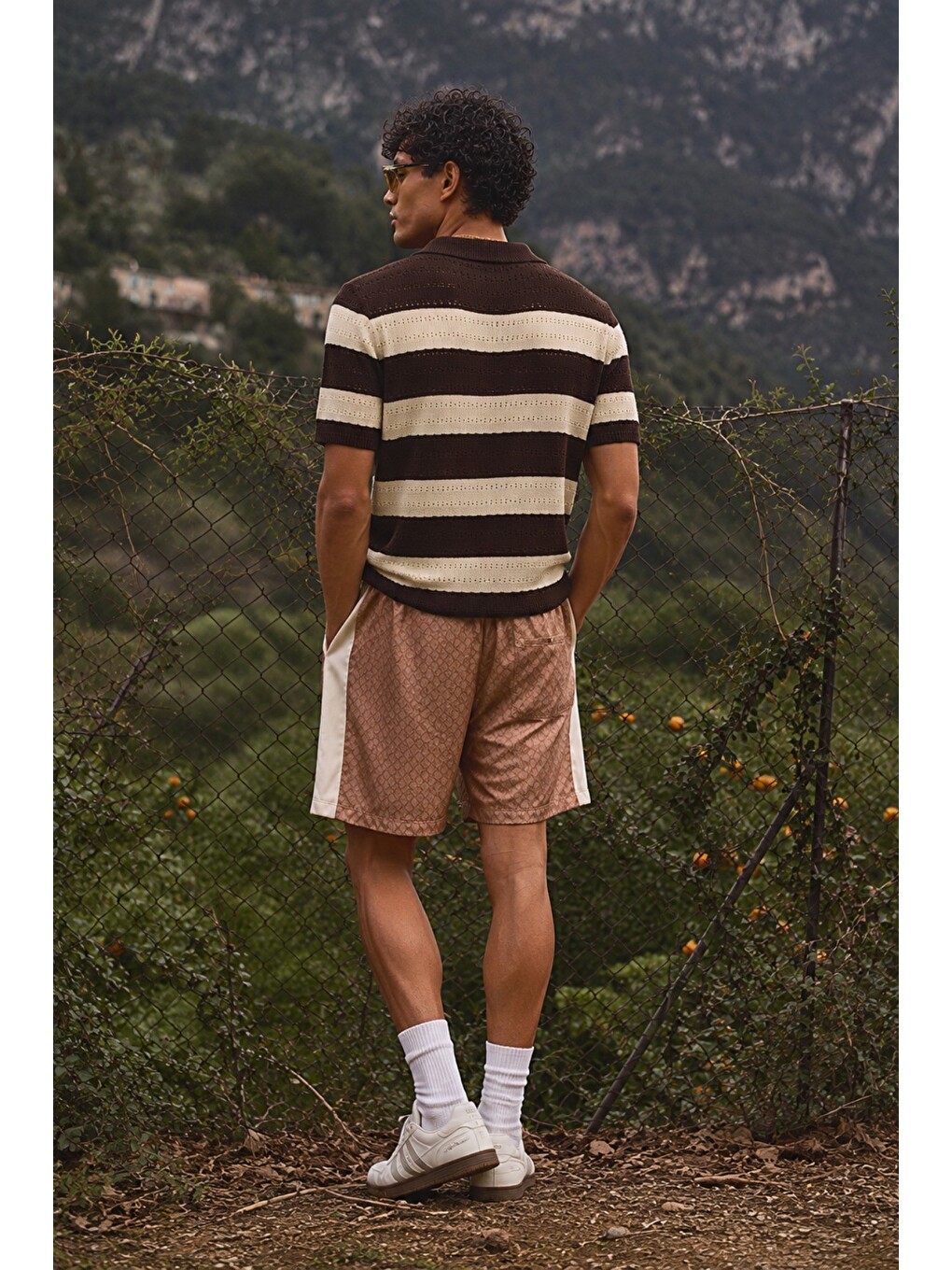 Kahverengi Erkek Oversize Kalın Örgü Polo Yaka Triko Fileli Tişört Çizgili Vintage Yazlık Rahat Fit-2