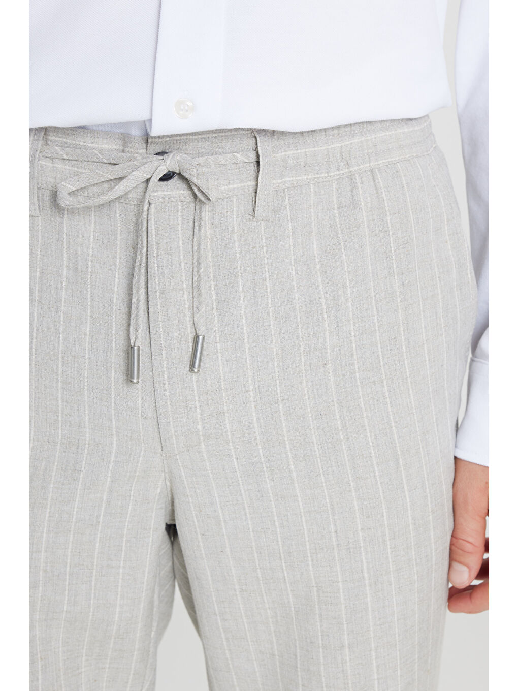 Erkek Gri Keten Slim Fit Dar Kesim Beli Bağlamalı Çizgili Casual Pantolon-3