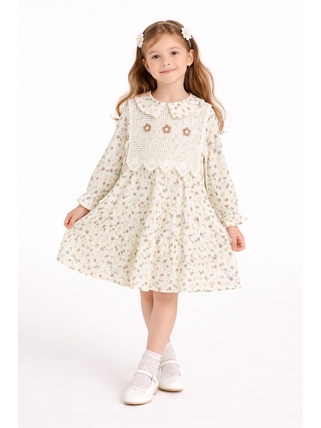 Kahverengi Çiçek Desenli Nakışlı Süveterli Kız Çocuk Müslin Elbise 23580