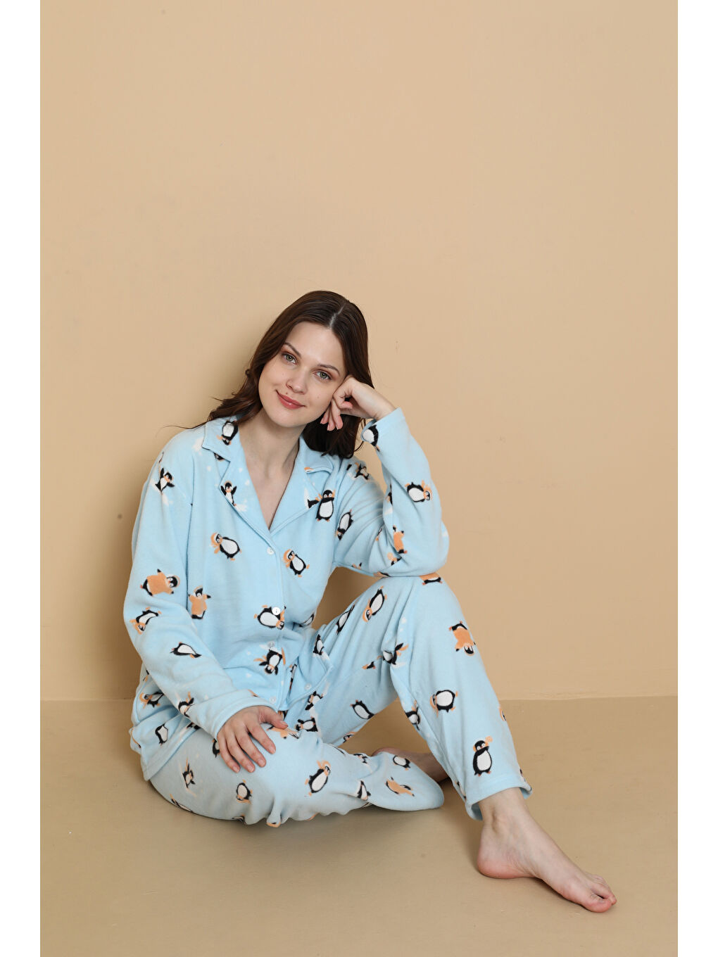 Mavi Önden Düğmeli Desenli Kışlık Polar Kadın Pijama Takımı 1620-3