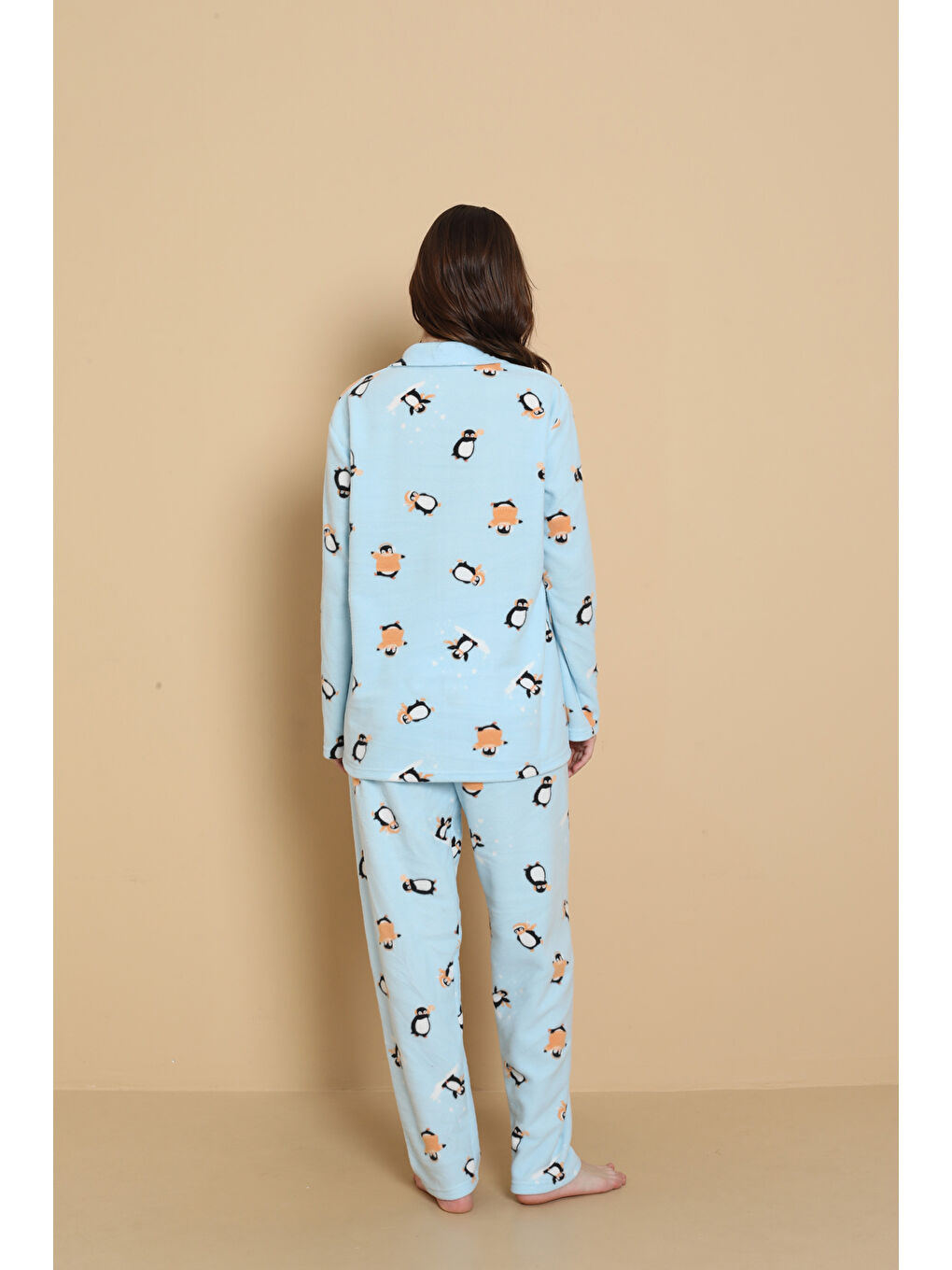 Mavi Önden Düğmeli Desenli Kışlık Polar Kadın Pijama Takımı 1620-4