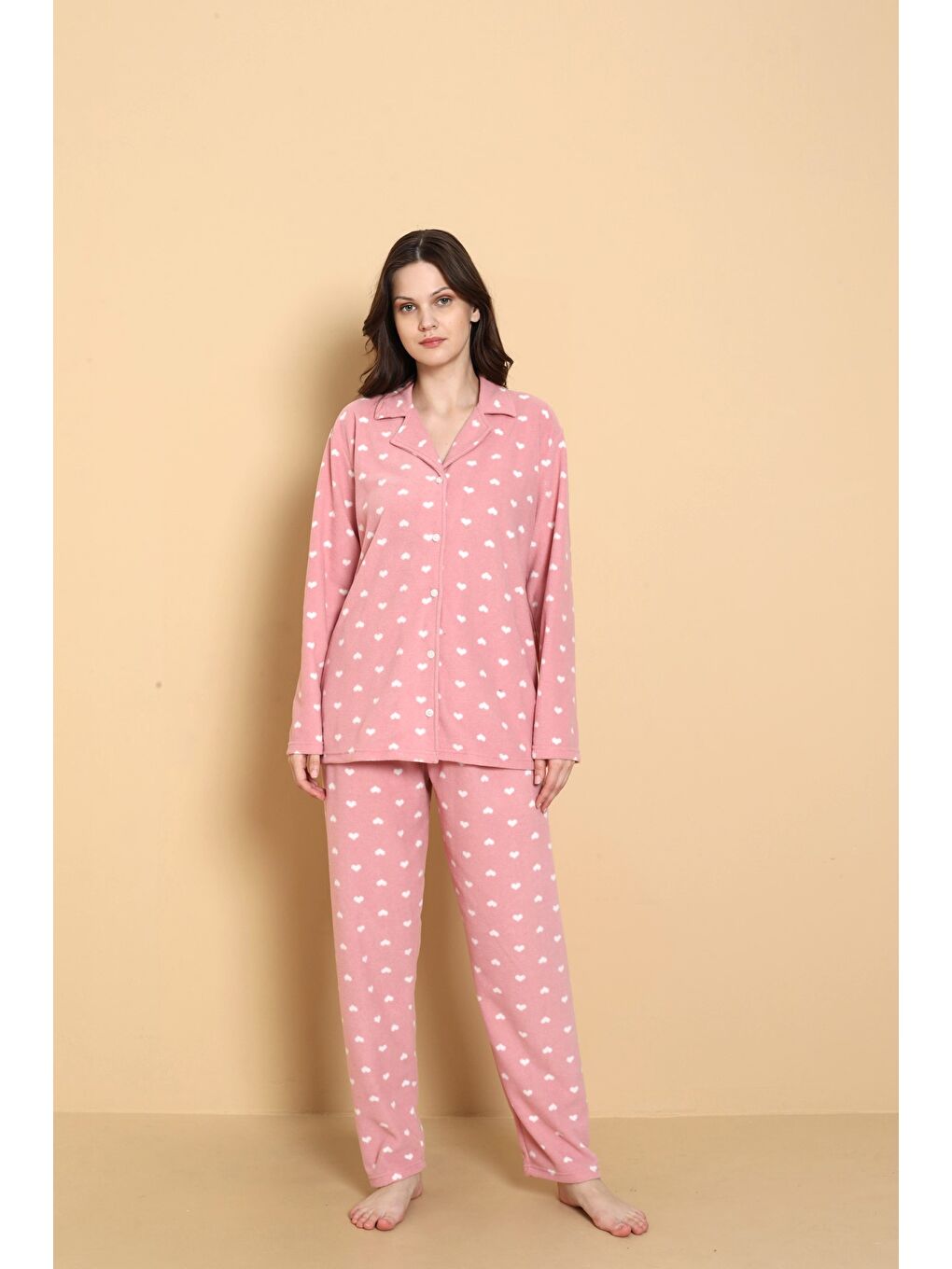 Pembe Önden Düğmeli Desenli Kışlık Polar Kadın Pijama Takımı 1620-1