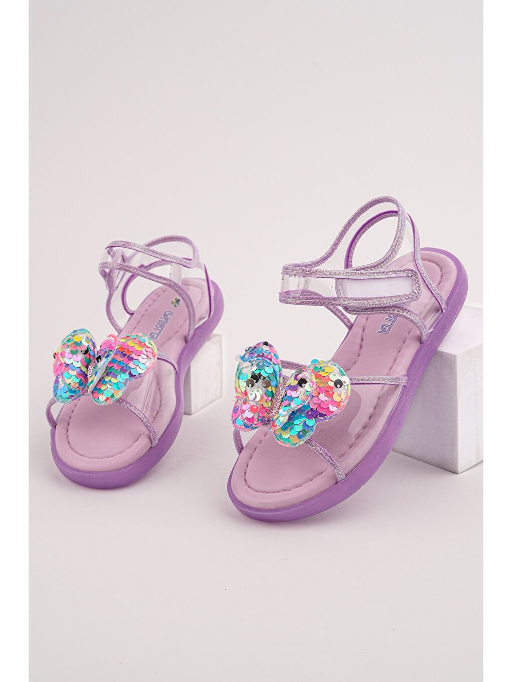 Lila PİCKLES Pullu Kelebek Detaylı Cırtlı Şeffaf Kız Çocuk Sandalet-1