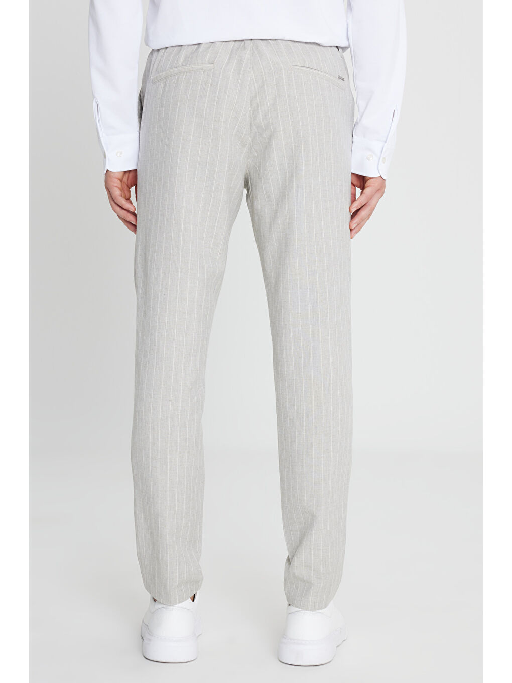Erkek Gri Keten Slim Fit Dar Kesim Beli Bağlamalı Çizgili Casual Pantolon-4