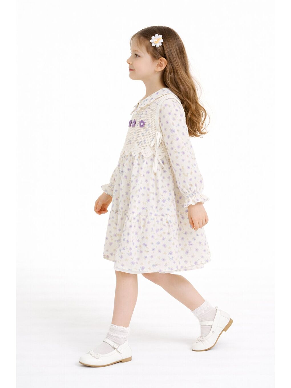 Lila Çiçek Desenli Nakışlı Süveterli Kız Çocuk Müslin Elbise 23579-2