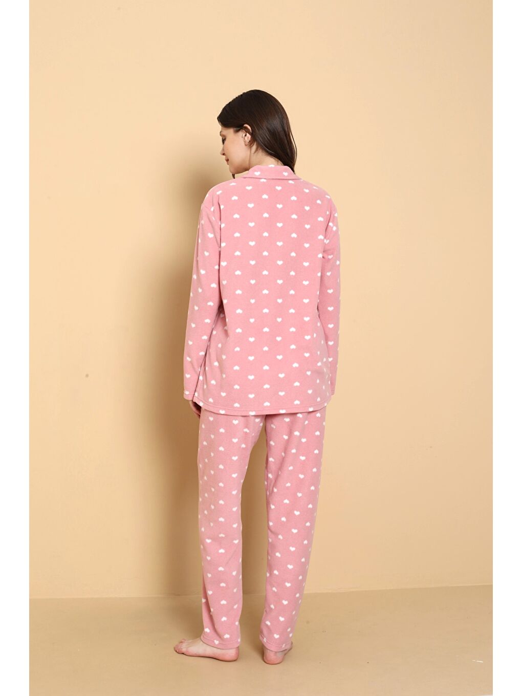 Pembe Önden Düğmeli Desenli Kışlık Polar Kadın Pijama Takımı 1620-4