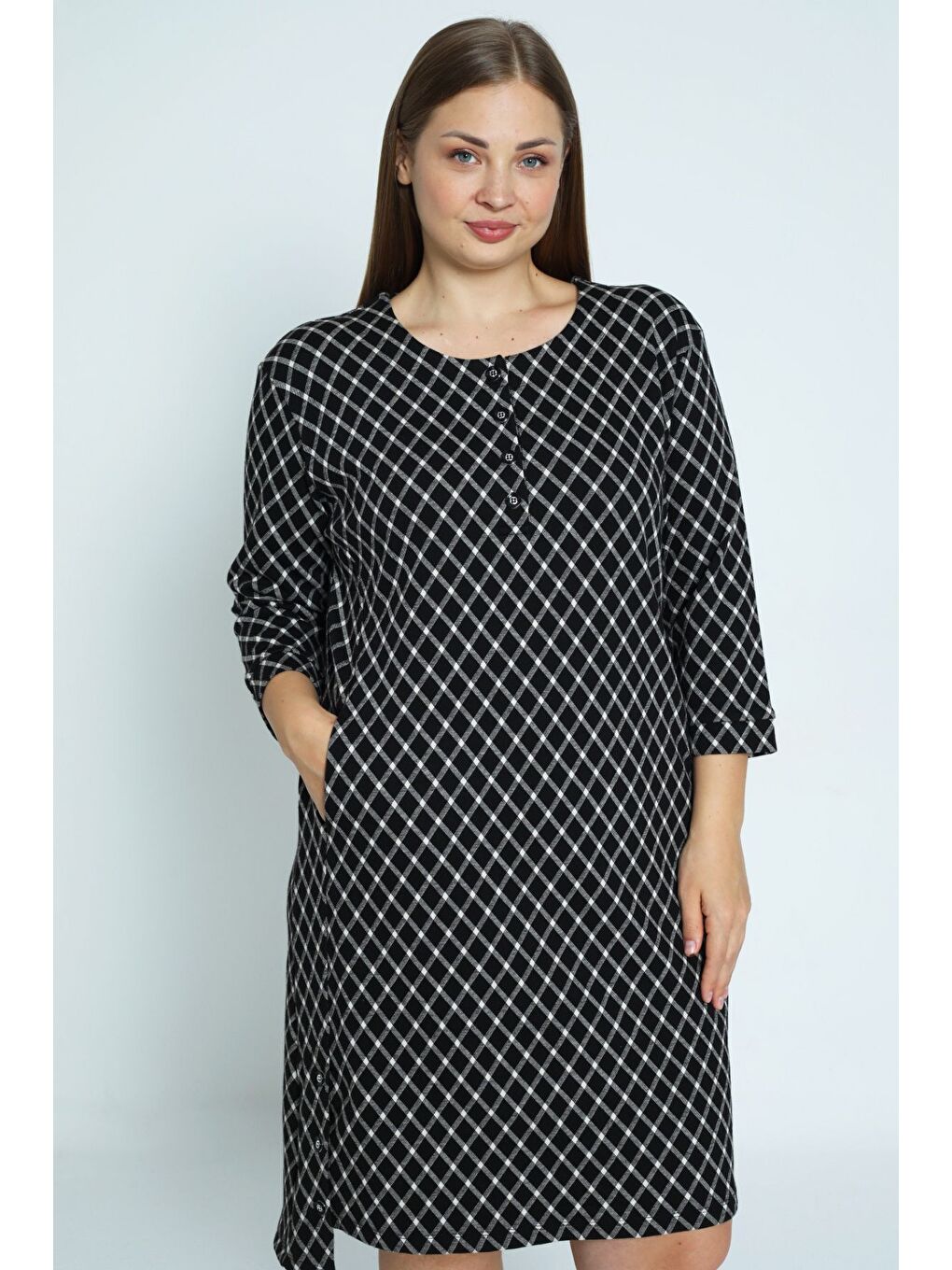 Siyah Ekose Desenli Truvakar Kollu Cepli Düğmeli Kadın Büyük Beden Jakarlı Elbise-3