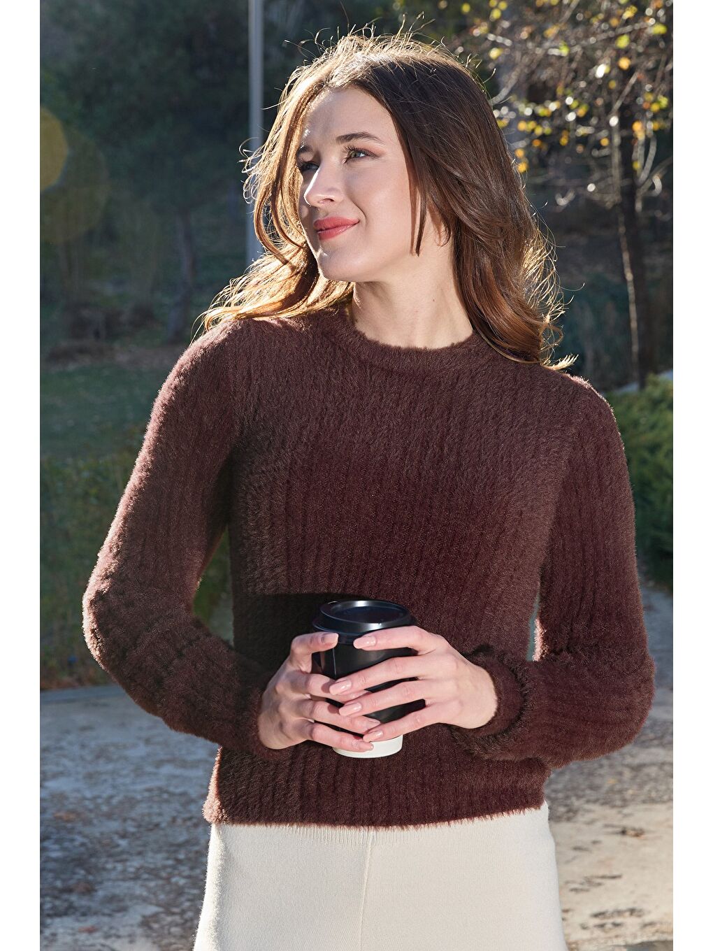 Kahverengi Bisiklet Yaka Sakallı Yumuşak Dokulu Kazak