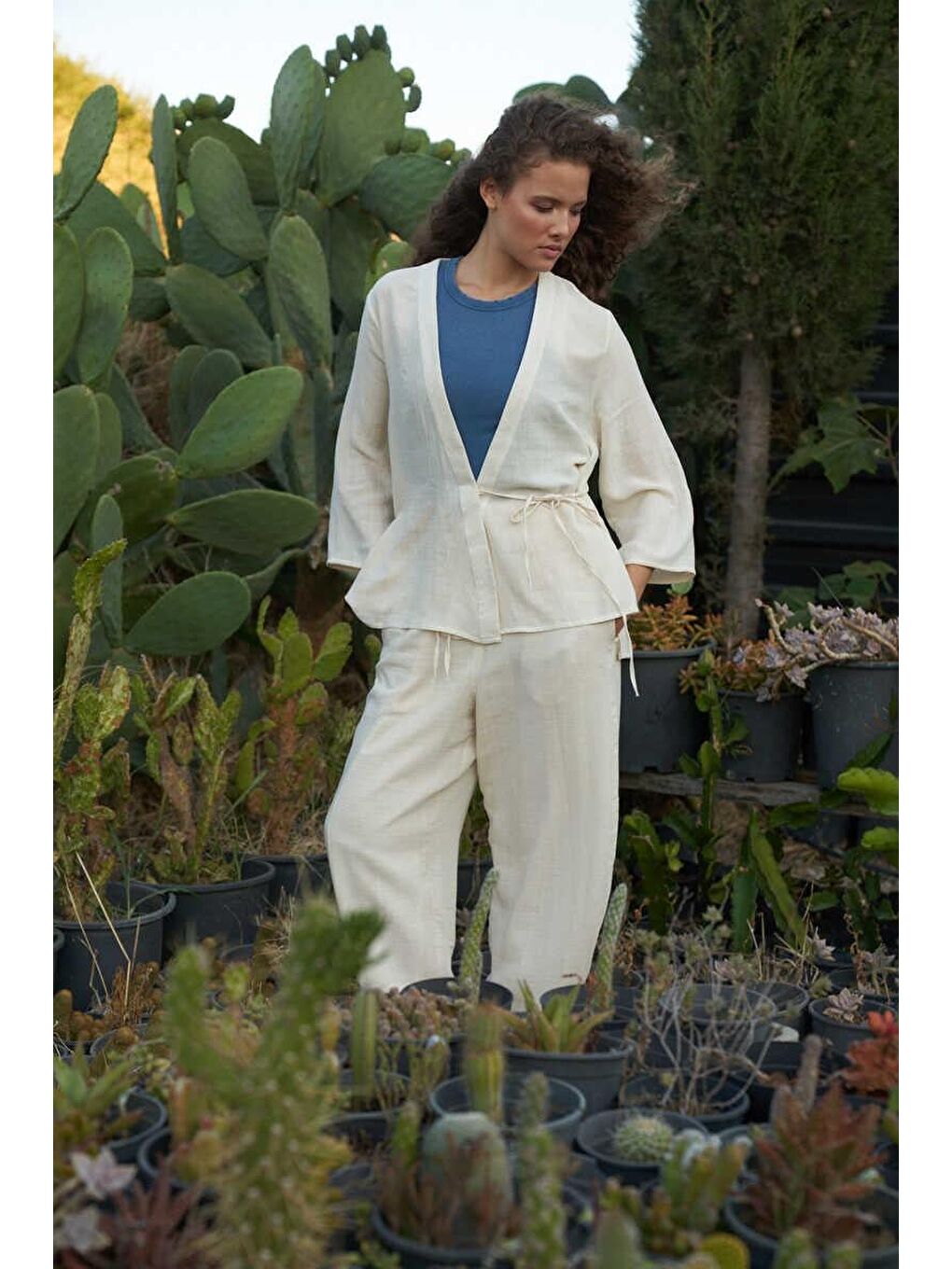 Kruvaze Kimono Müslin Bluz Ekru