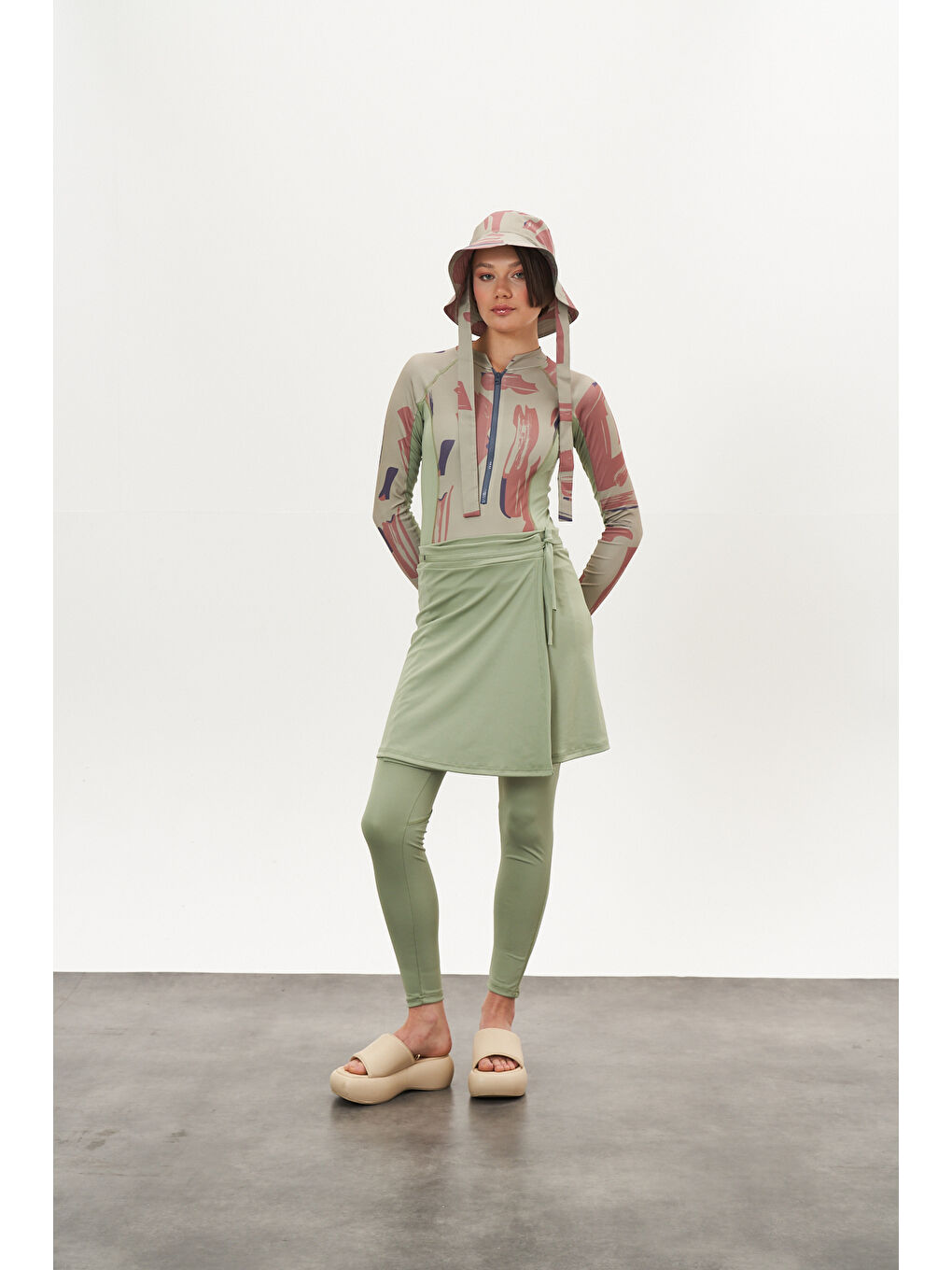 Yeşil Yüzücü Mayo Tayt Etek 3lü Maysa Desen Çağla-1