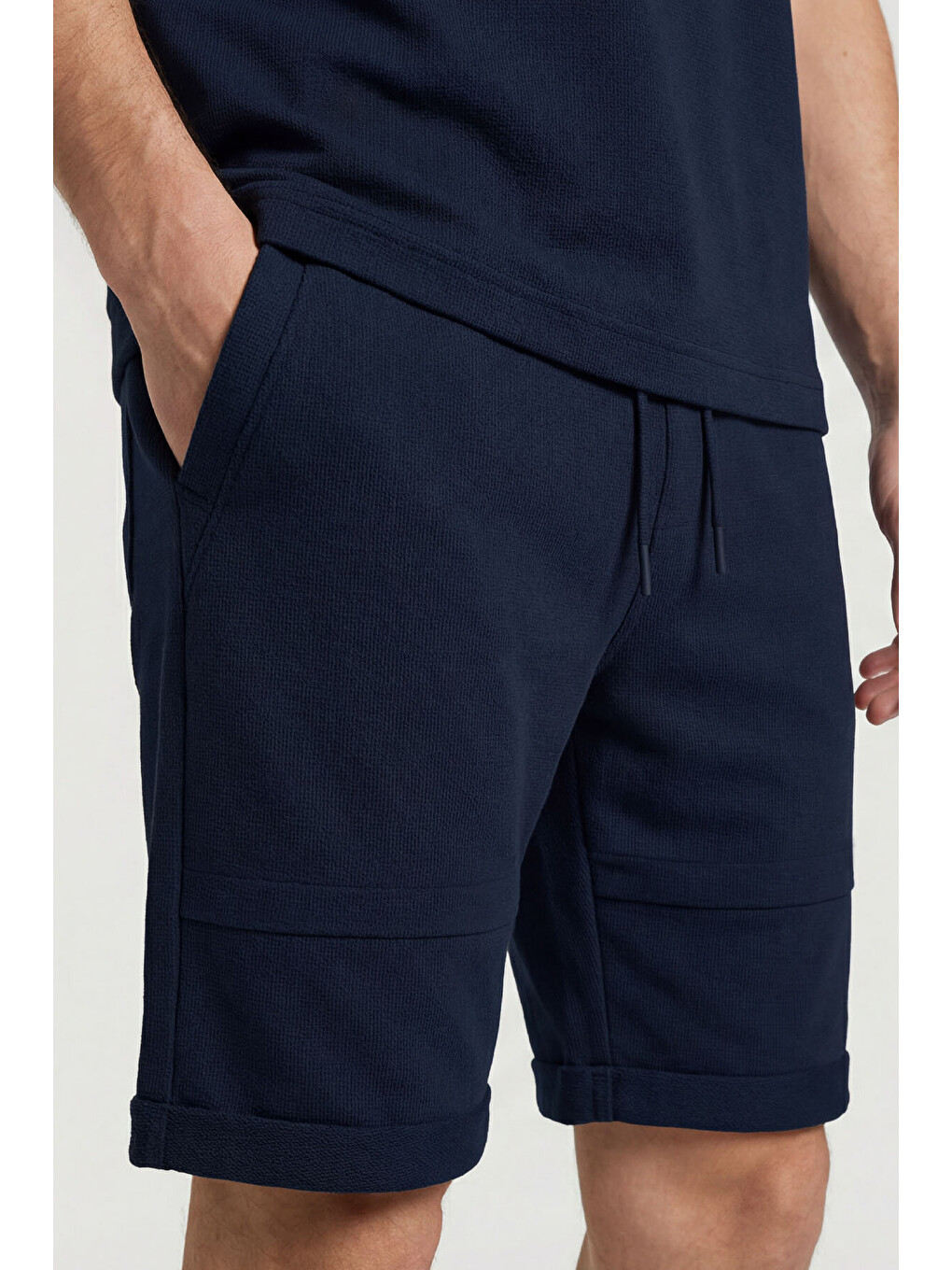 Lacivert Oversize Fit Yumuşak Dokulu Basic Erkek Şort Takım - 85274-1