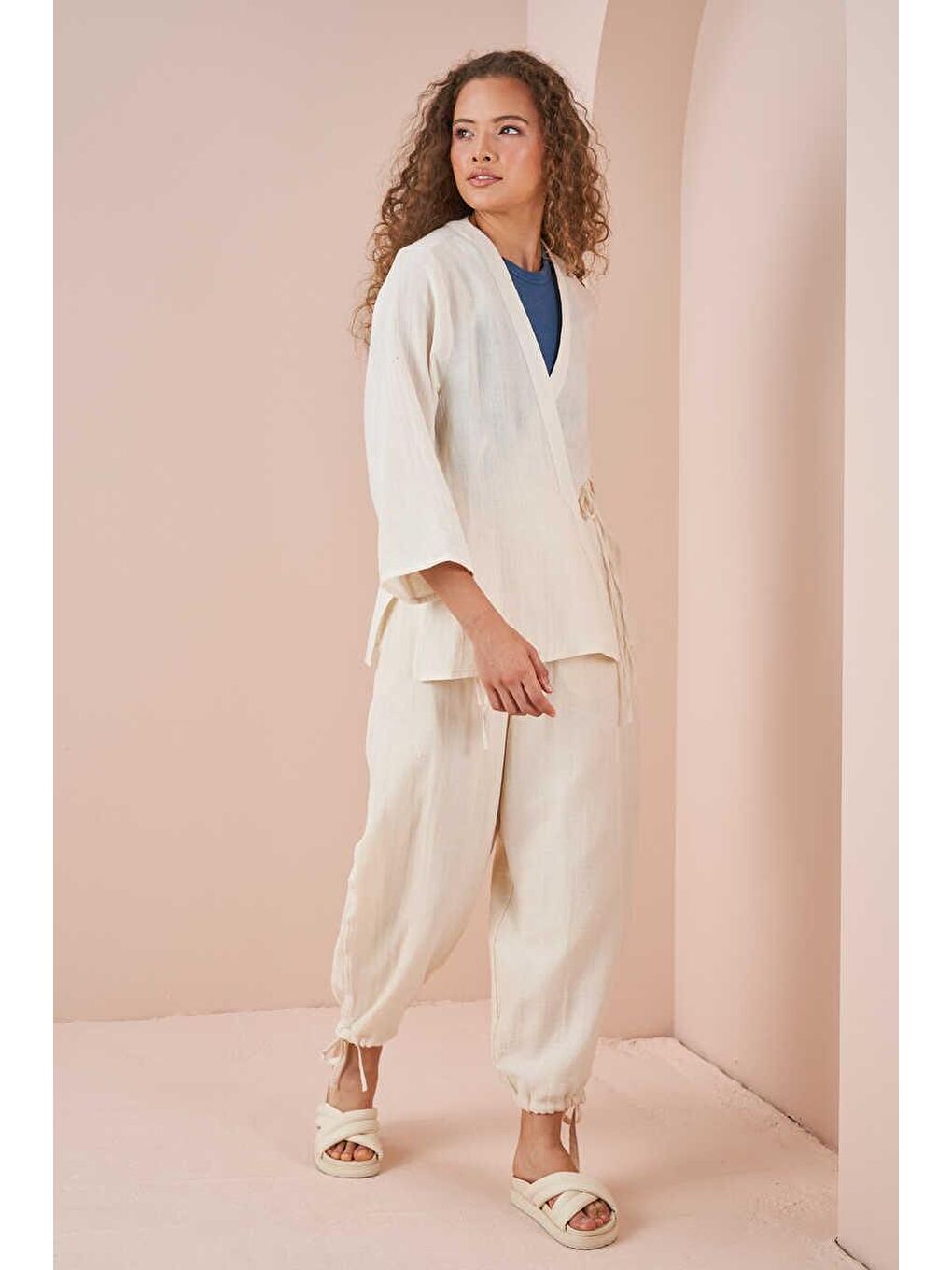 Kruvaze Kimono Müslin Bluz Ekru-1