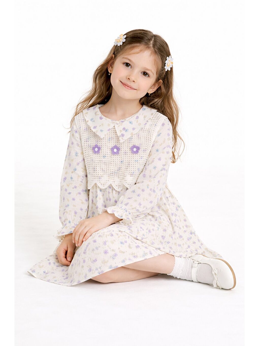 Lila Çiçek Desenli Nakışlı Süveterli Kız Çocuk Müslin Elbise 23579-4