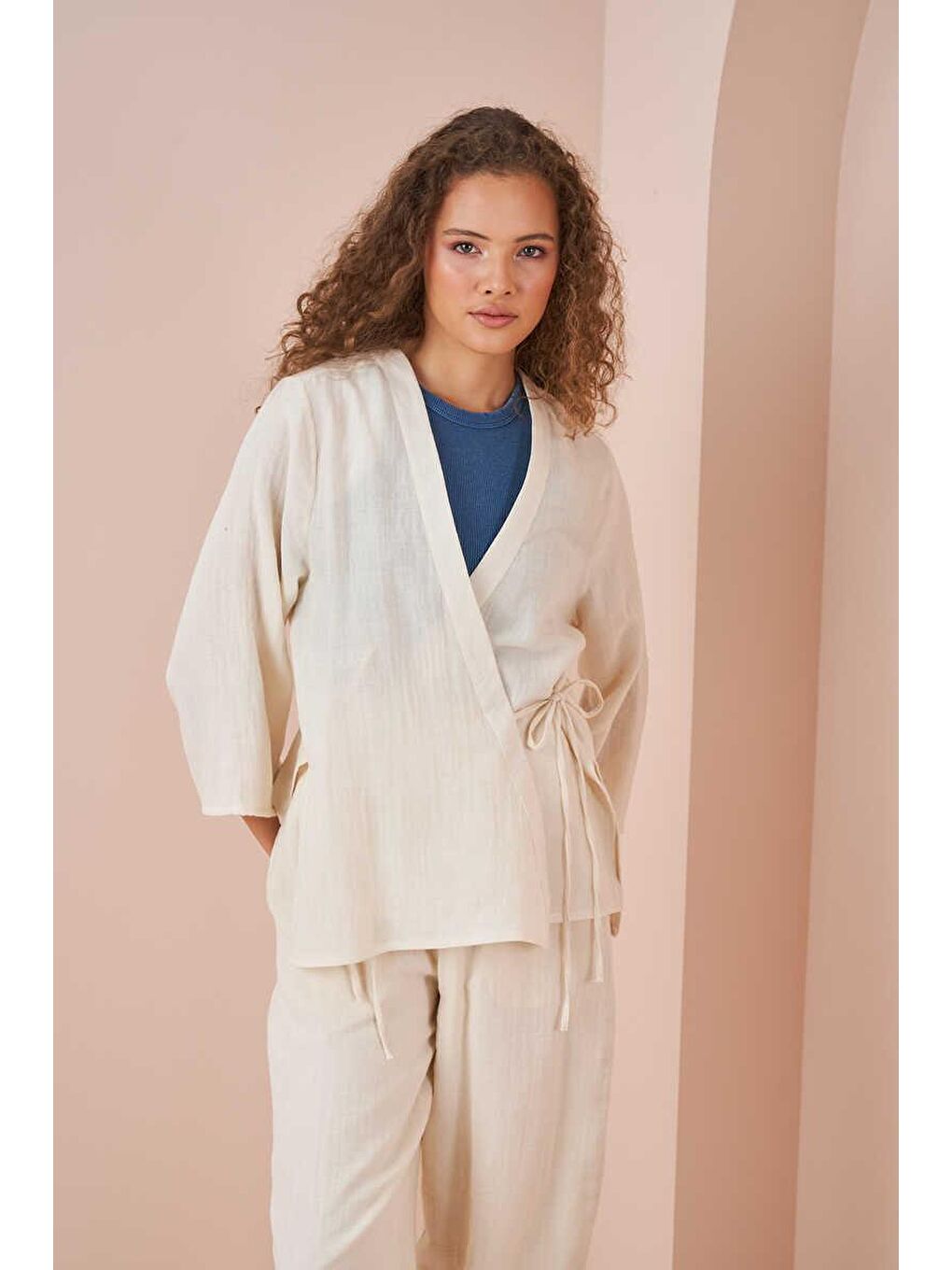 Kruvaze Kimono Müslin Bluz Ekru-2