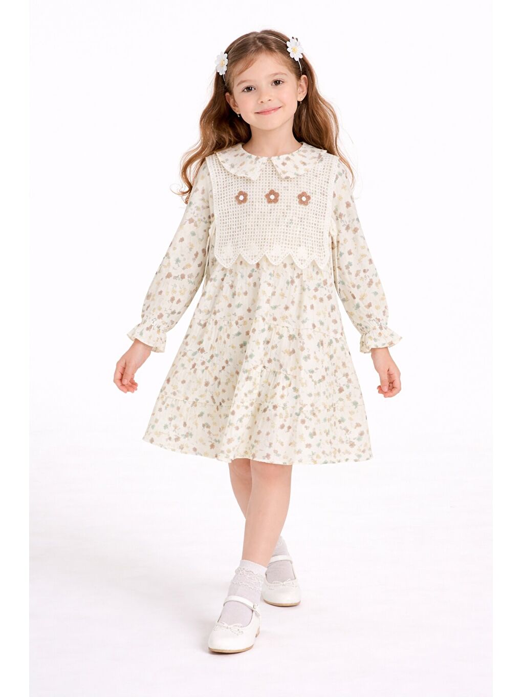 Kahverengi Çiçek Desenli Nakışlı Süveterli Kız Çocuk Müslin Elbise 23580-1