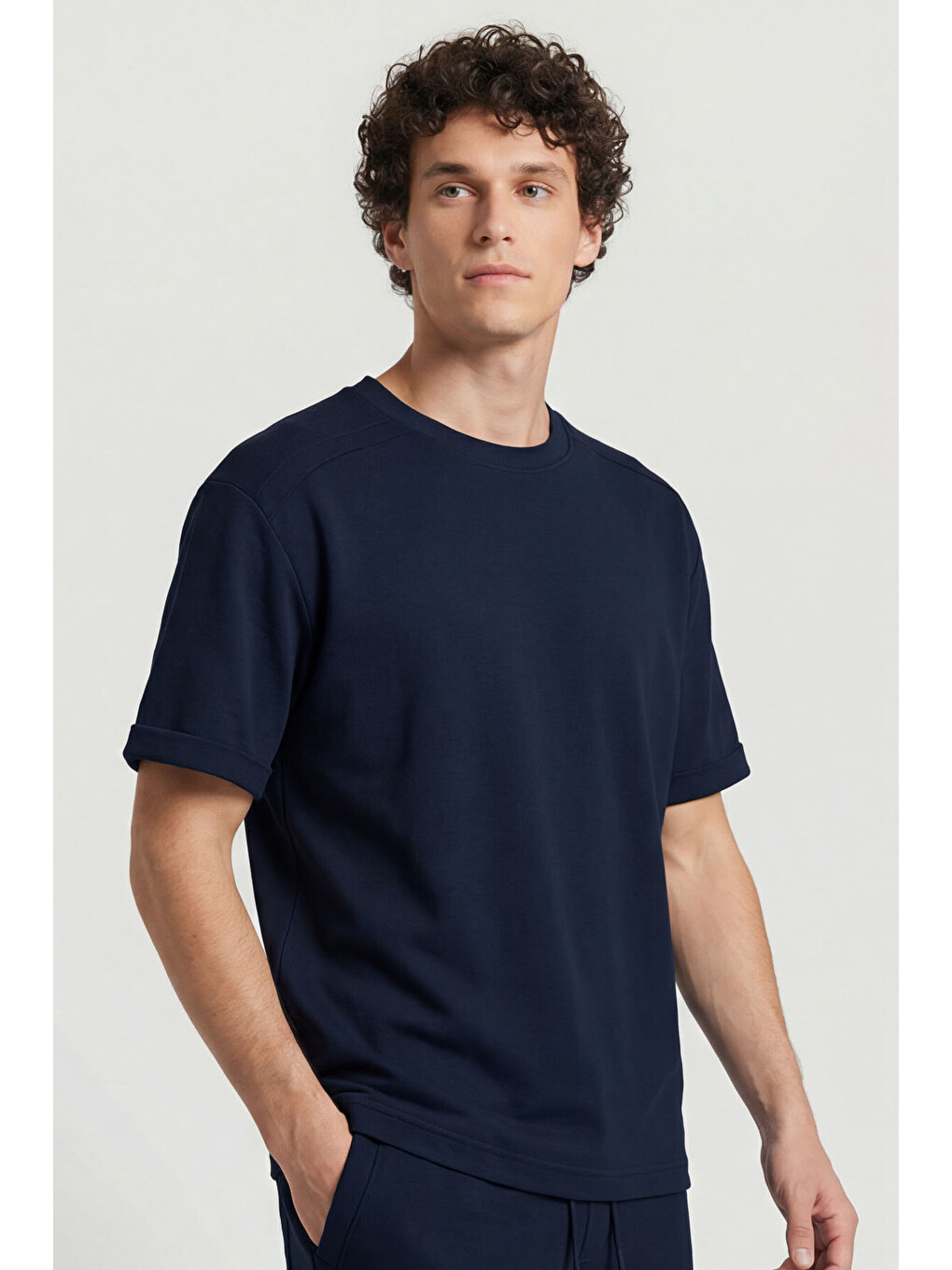 Lacivert Oversize Fit Yumuşak Dokulu Basic Erkek Şort Takım - 85274-2