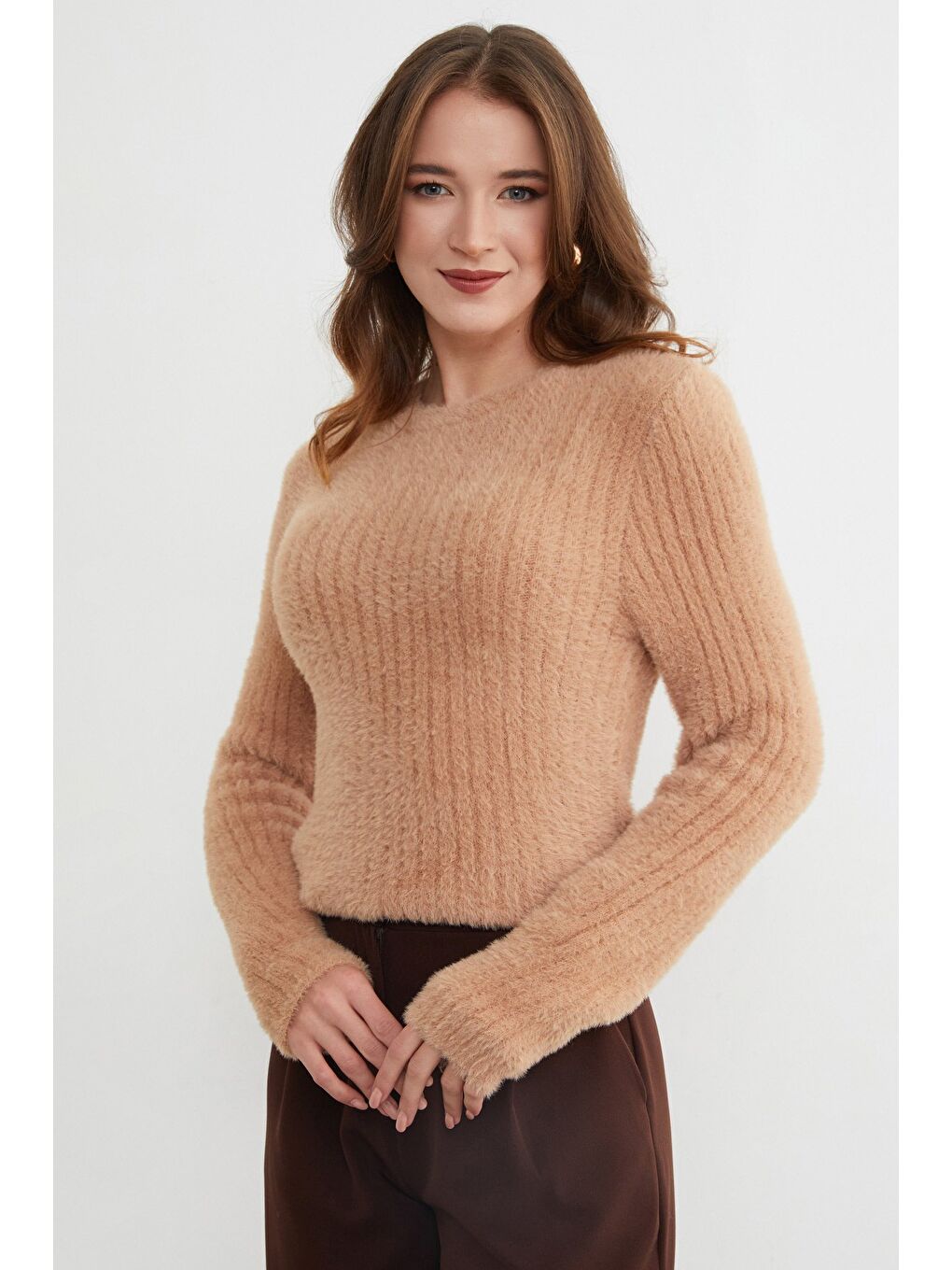 Bej Bisiklet Yaka Sakallı Yumuşak Dokulu Kazak