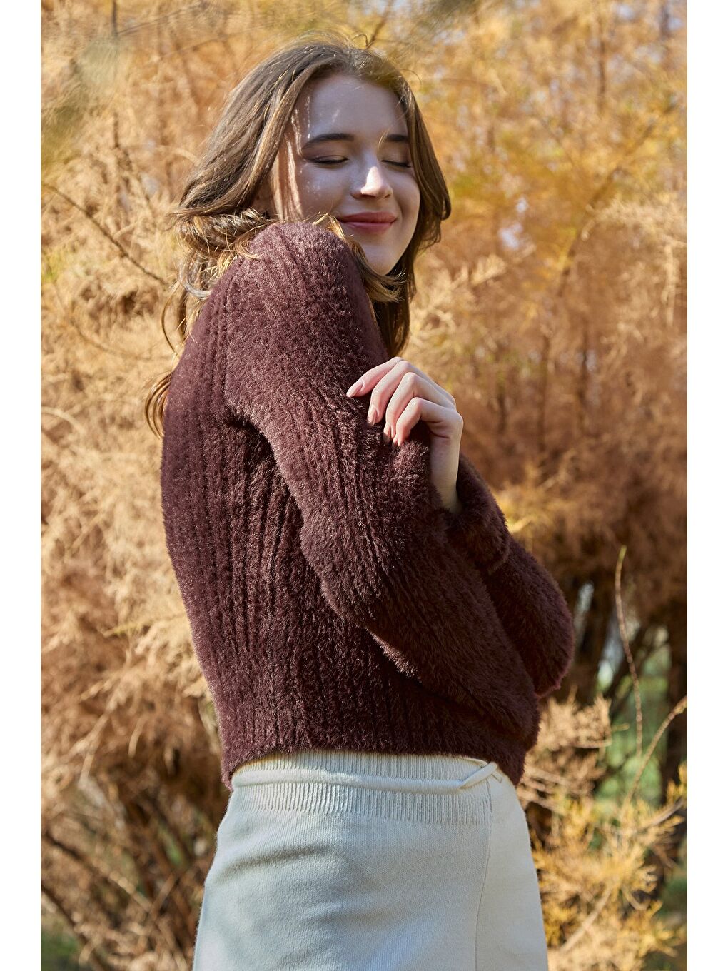 Kahverengi Bisiklet Yaka Sakallı Yumuşak Dokulu Kazak-1