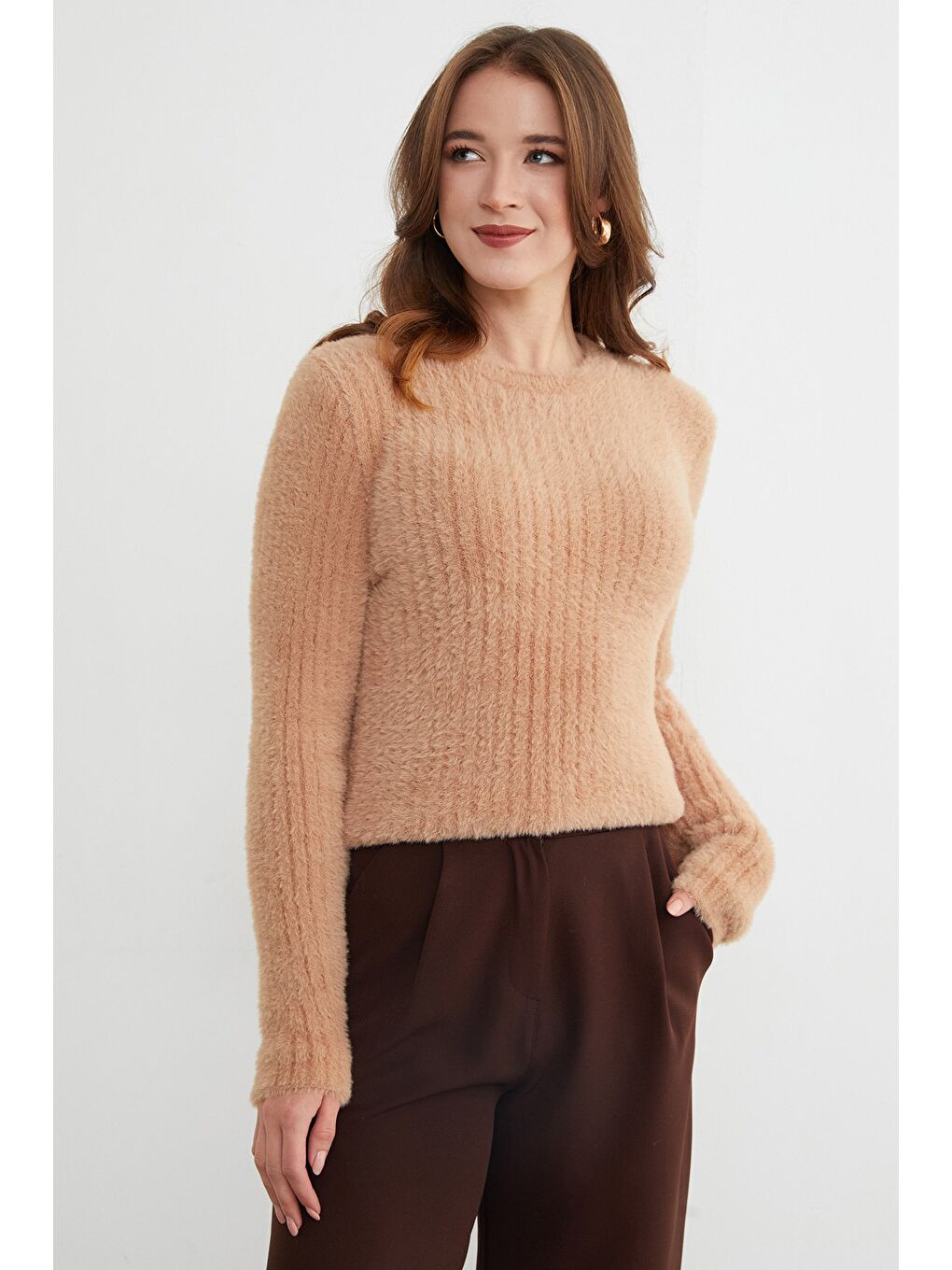 Bej Bisiklet Yaka Sakallı Yumuşak Dokulu Kazak-1