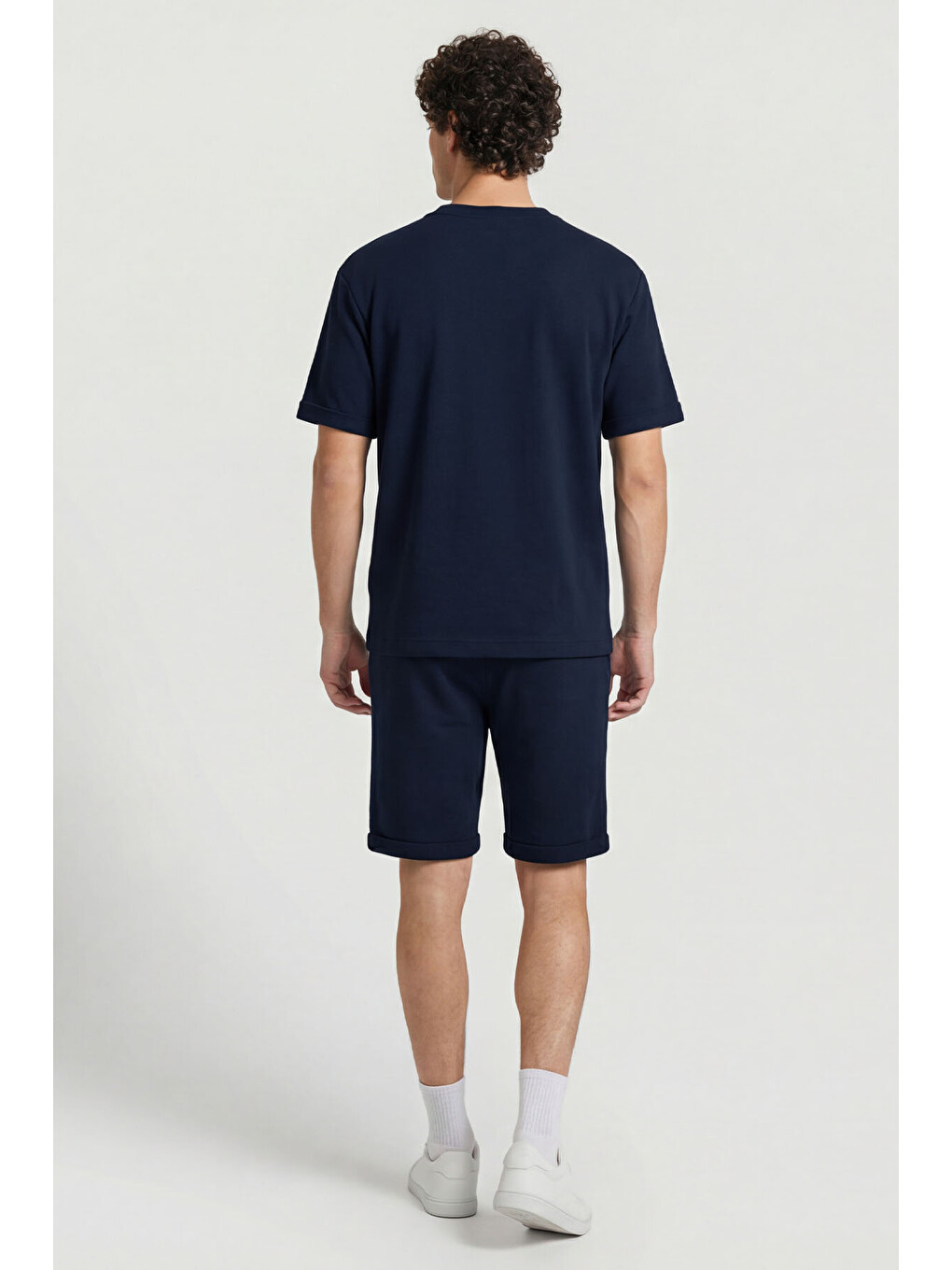 Lacivert Oversize Fit Yumuşak Dokulu Basic Erkek Şort Takım - 85274-3