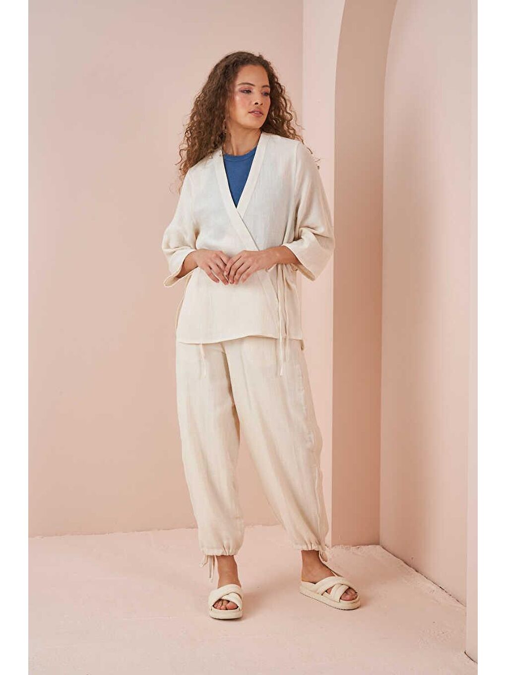 Kruvaze Kimono Müslin Bluz Ekru-6