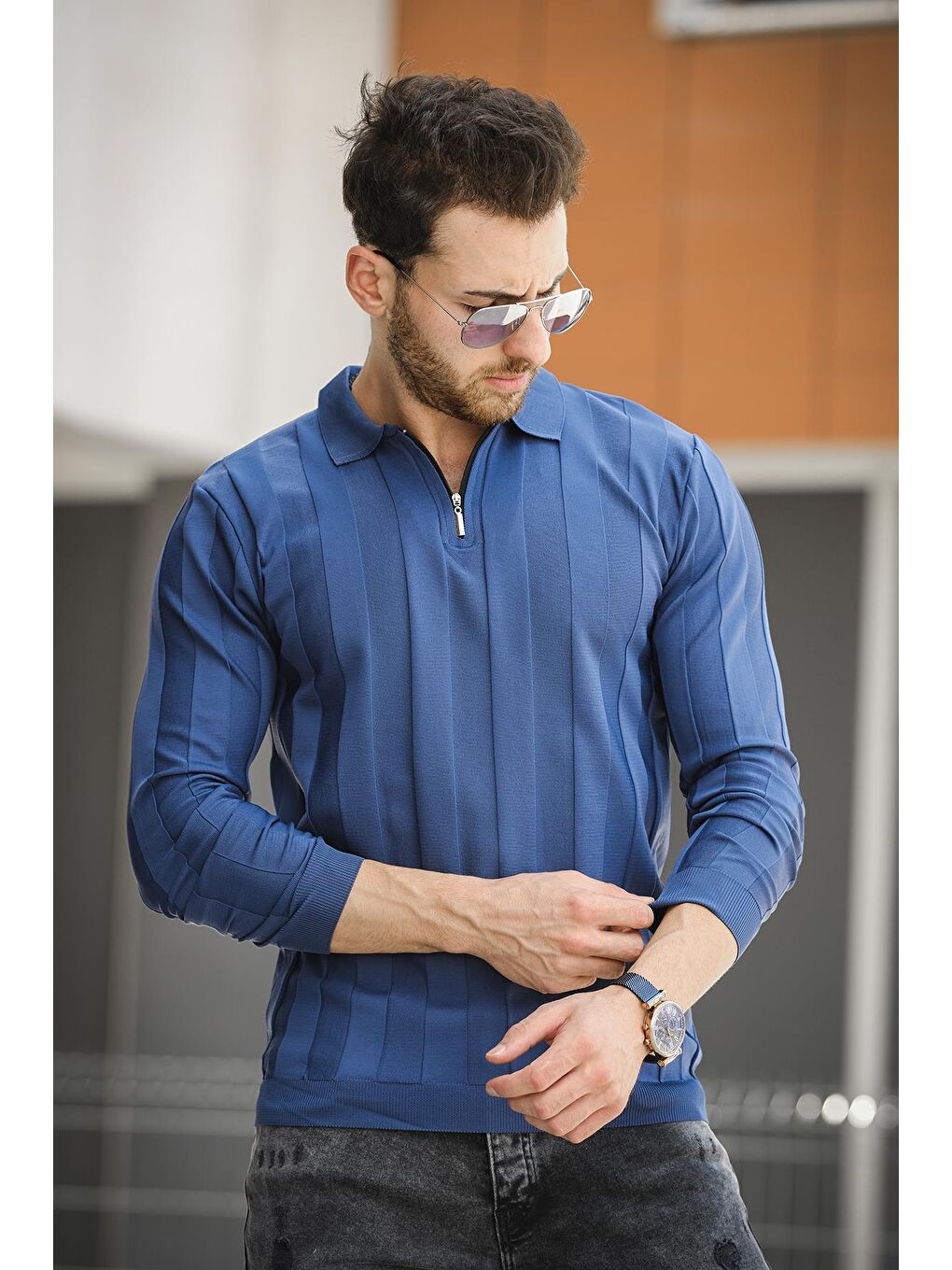Mavi Vilnius Slim Fit Çizgili Gömlek Yaka Yarım Fermuarlı Erkek Triko