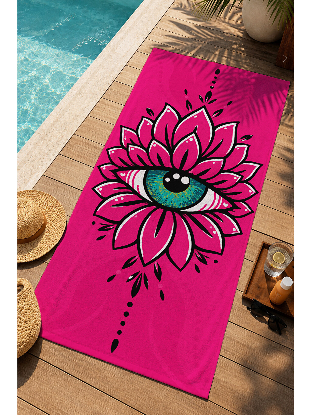 Pop Art Pembe Çiçek İçinde Göz Desenli 70x150 Plaj Havlusu - Dijital Baskılı Banyo Havlusu-3