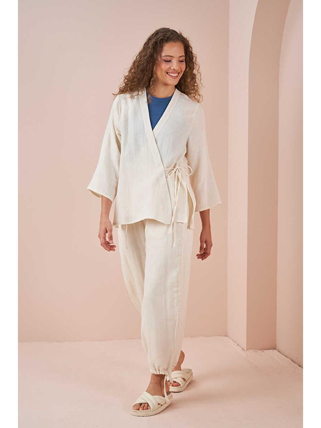 Kruvaze Kimono Müslin Bluz Ekru-7