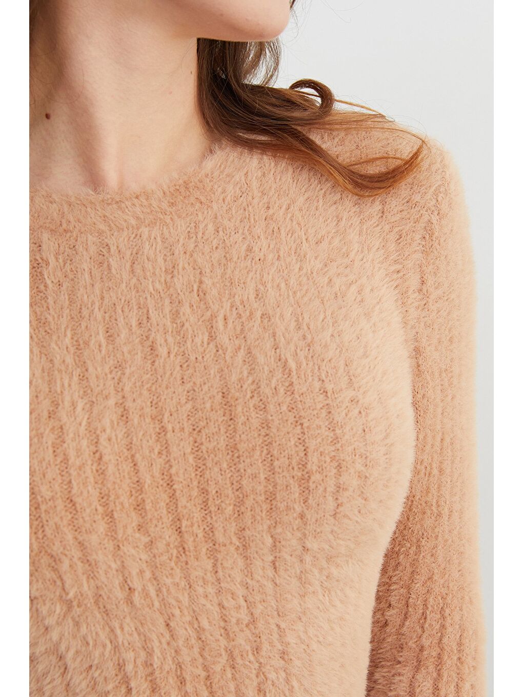 Bej Bisiklet Yaka Sakallı Yumuşak Dokulu Kazak-4