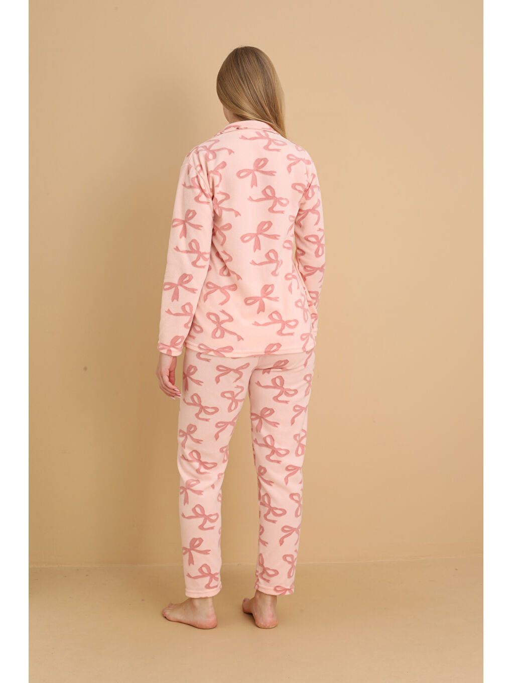 Pembe Önden Düğmeli Desenli Kışlık Polar Kadın Pijama Takımı 1620-4