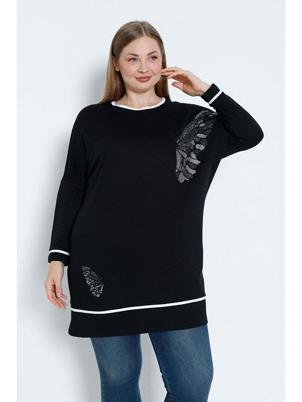 Siyah Kadın Büyük Beden Taş Detaylı Biyeli Uzun Kollu Pamuklu Tunik