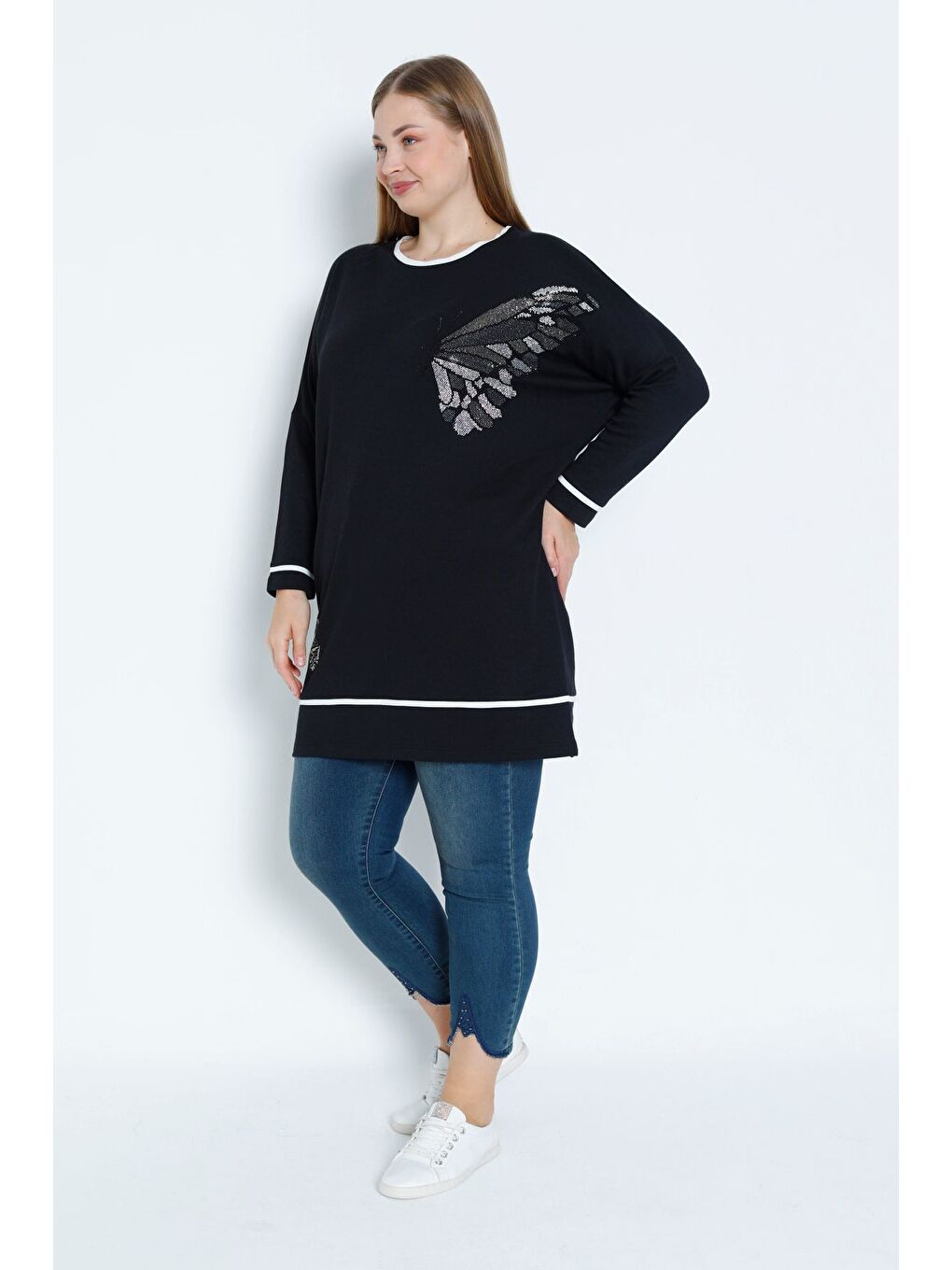 Siyah Kadın Büyük Beden Taş Detaylı Biyeli Uzun Kollu Pamuklu Tunik-1