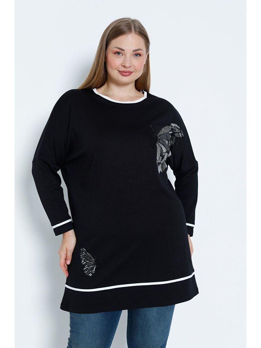 Siyah Kadın Büyük Beden Taş Detaylı Biyeli Uzun Kollu Pamuklu Tunik-2