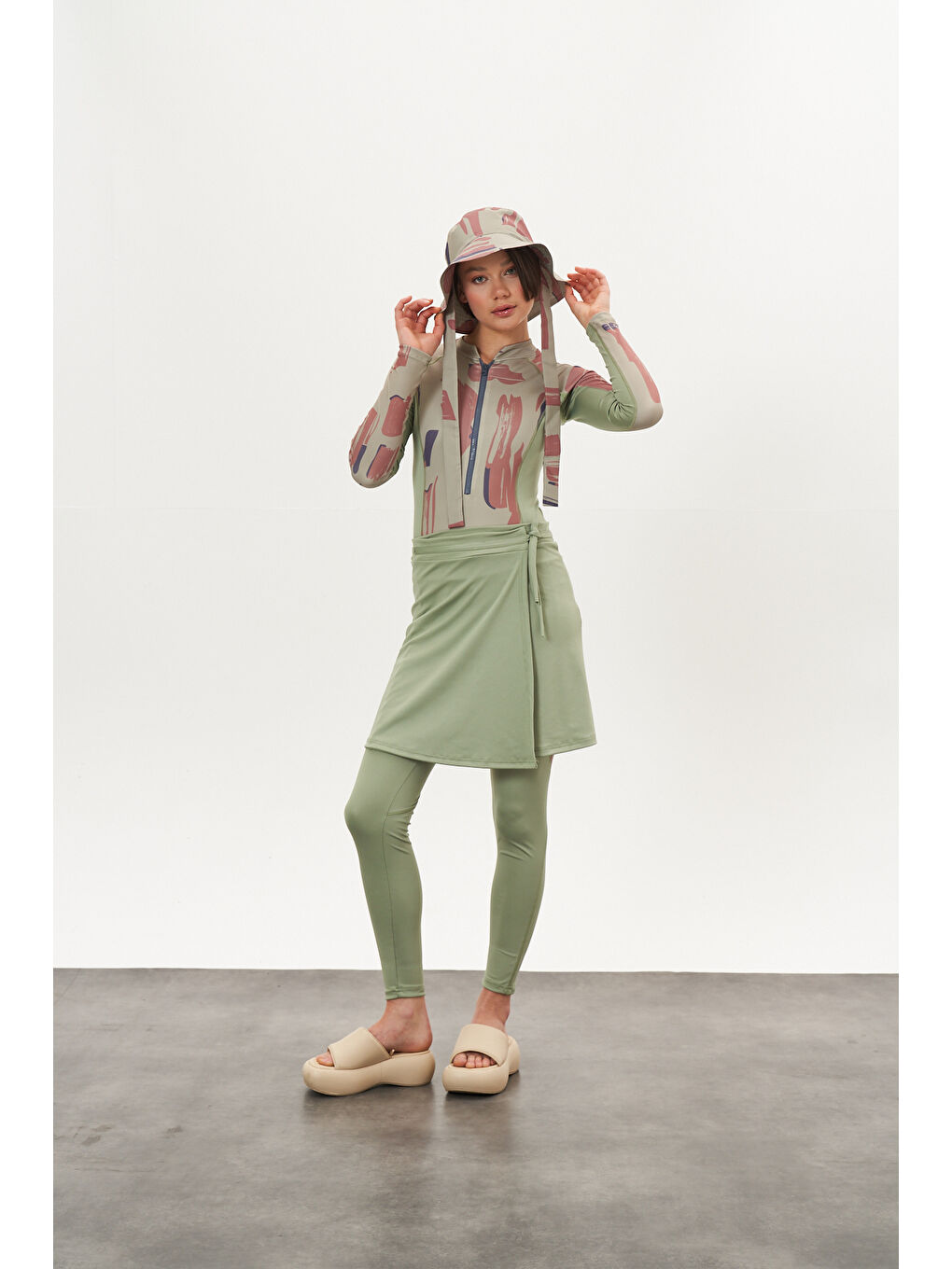 Yeşil Yüzücü Mayo Tayt Etek 3lü Maysa Desen Çağla-4