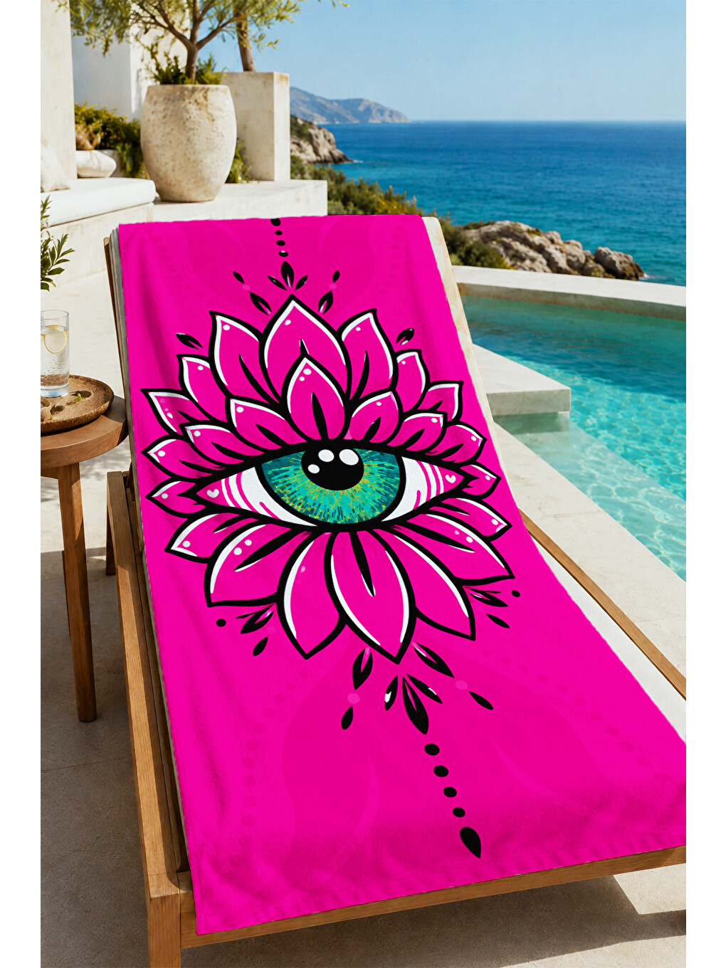 Pop Art Pembe Çiçek İçinde Göz Desenli 70x150 Plaj Havlusu - Dijital Baskılı Banyo Havlusu-4