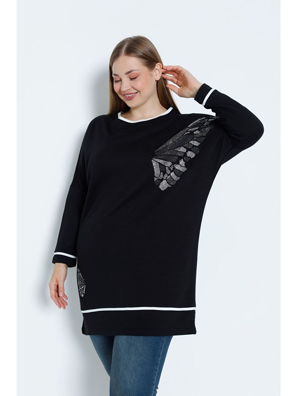 Siyah Kadın Büyük Beden Taş Detaylı Biyeli Uzun Kollu Pamuklu Tunik-3